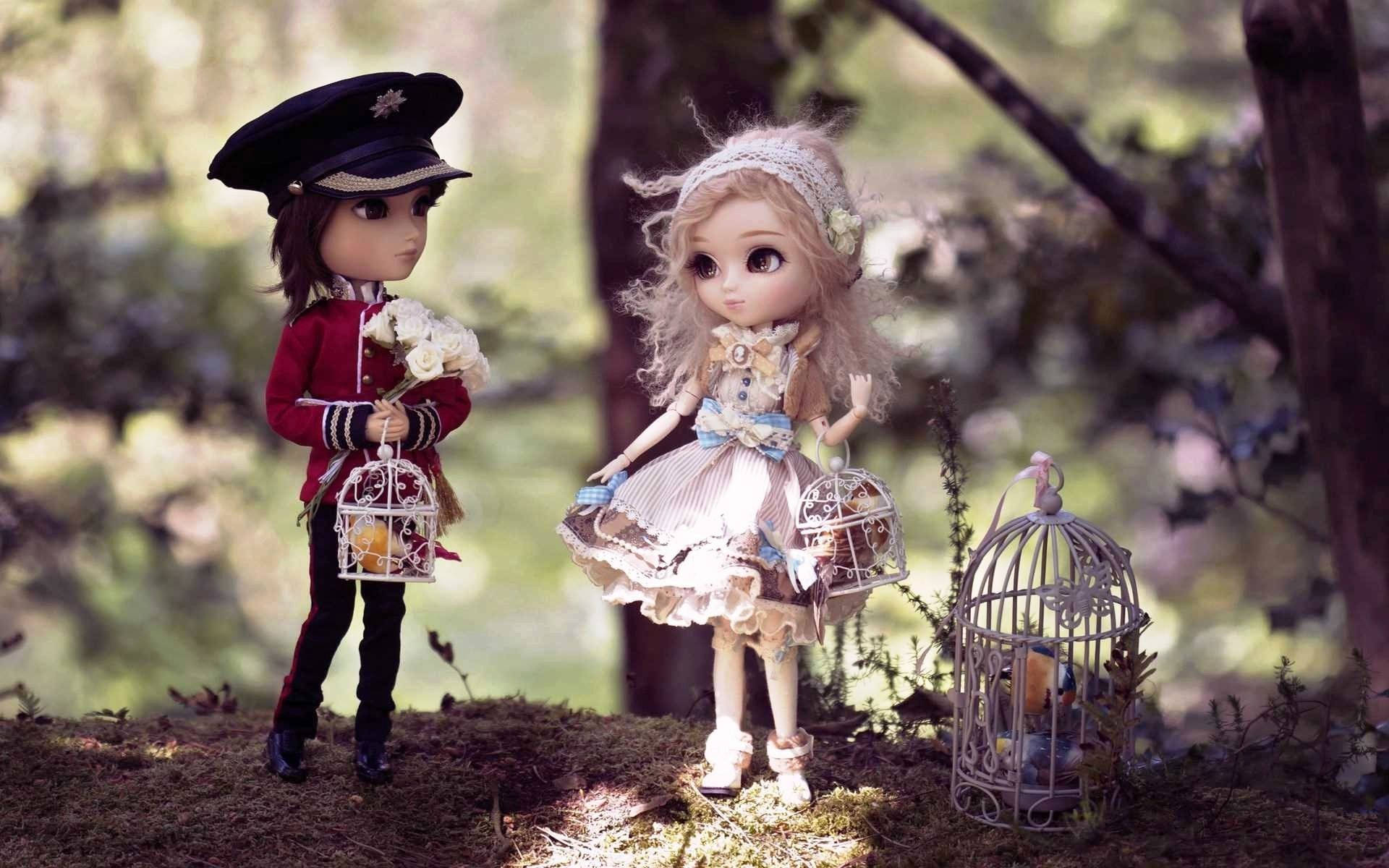 cute doll couple, birdcages, vintage attire, Full HD Desktop Wallpaper