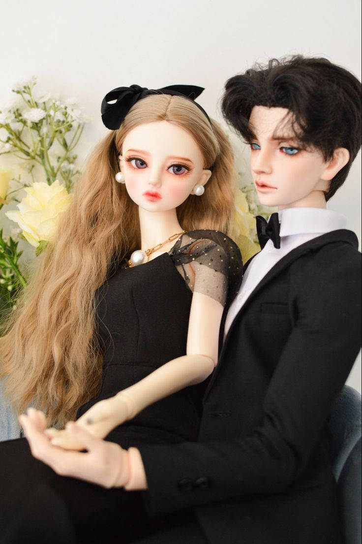 cute doll couple, black outfits, formal black attire, SD Phone Wallpaper