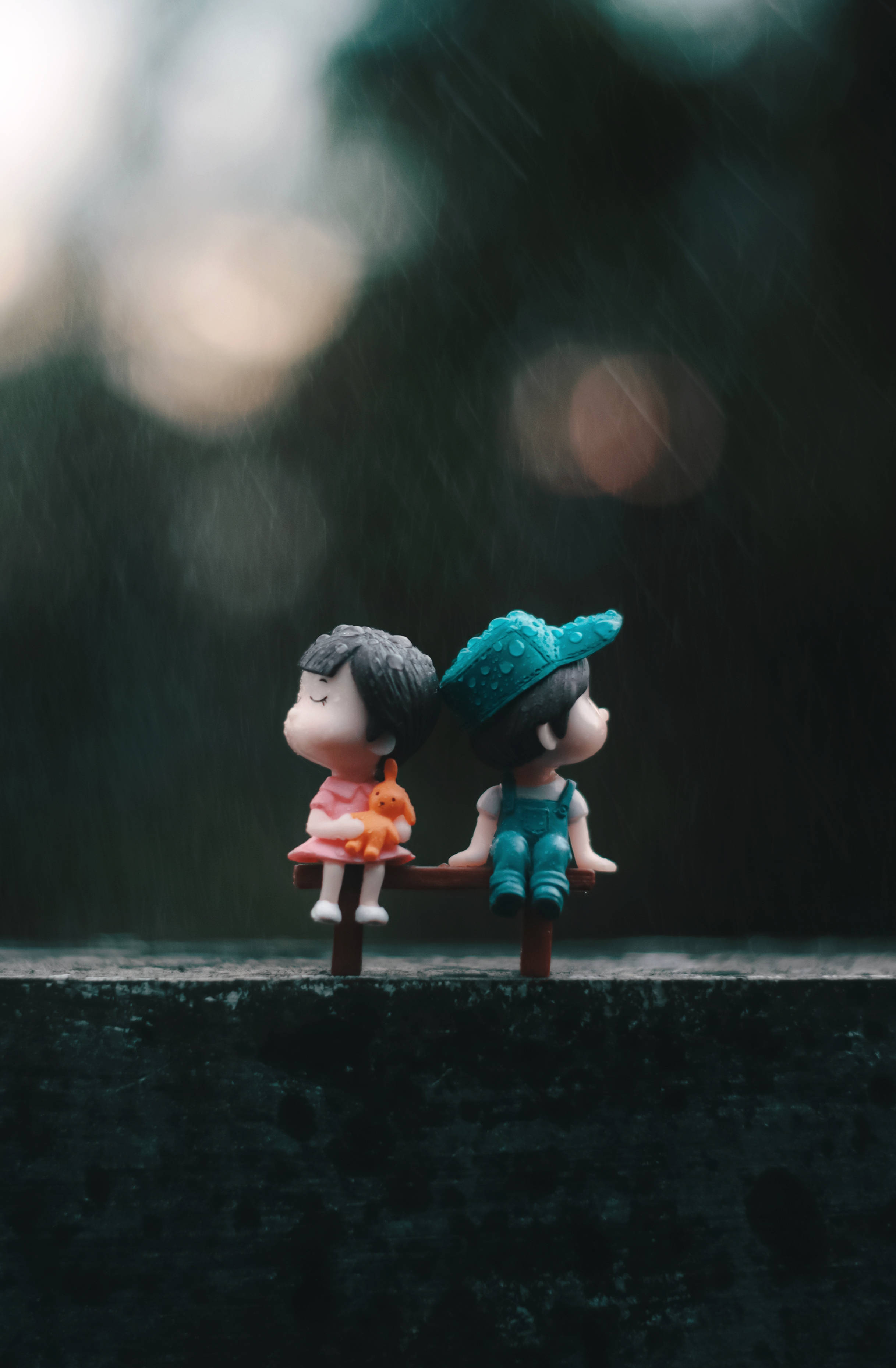 cute doll couple, rain, bench, 2K Phone Wallpaper