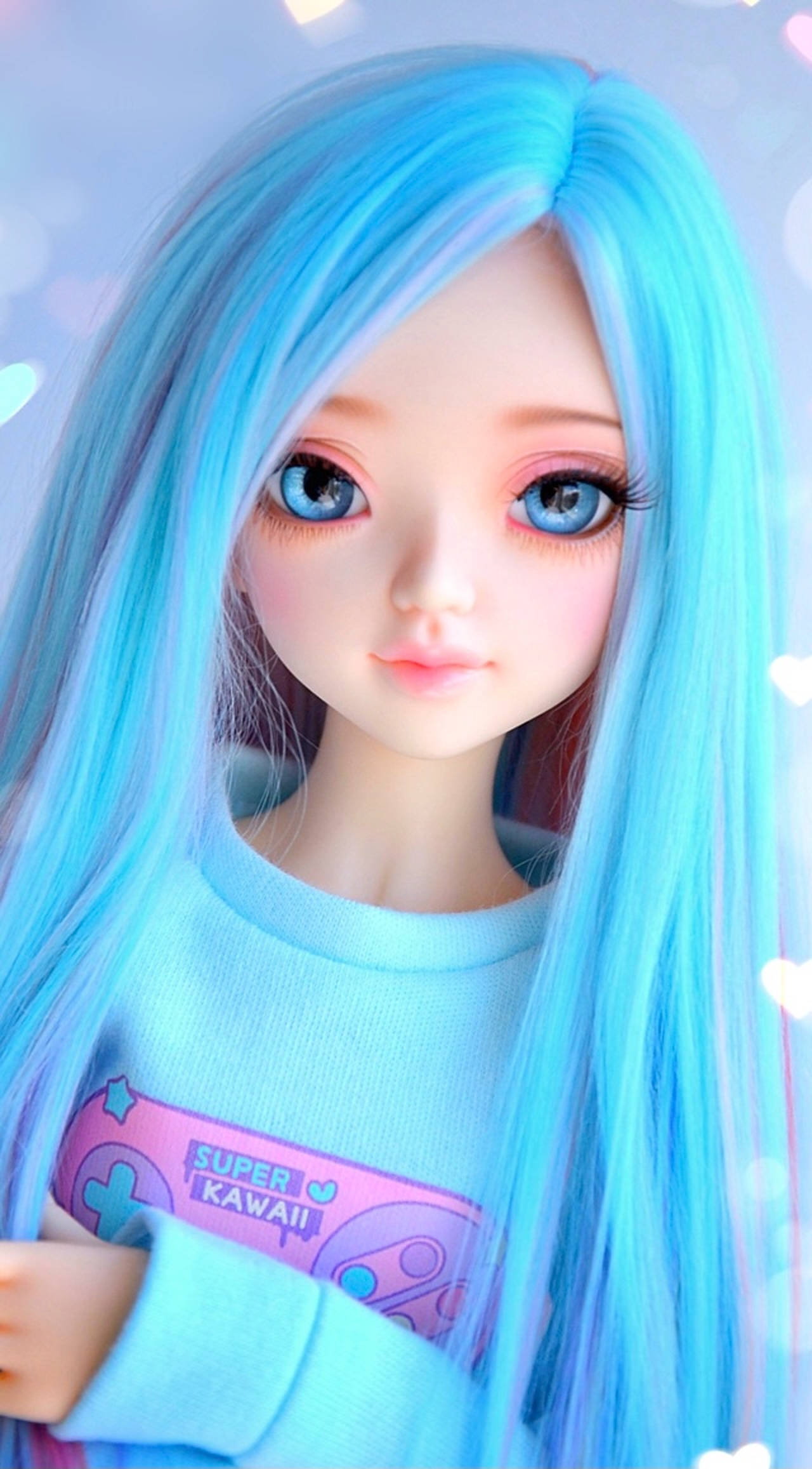 blue haired doll, long flowing blue hair, bright blue eyes, Full HD Phone Wallpaper