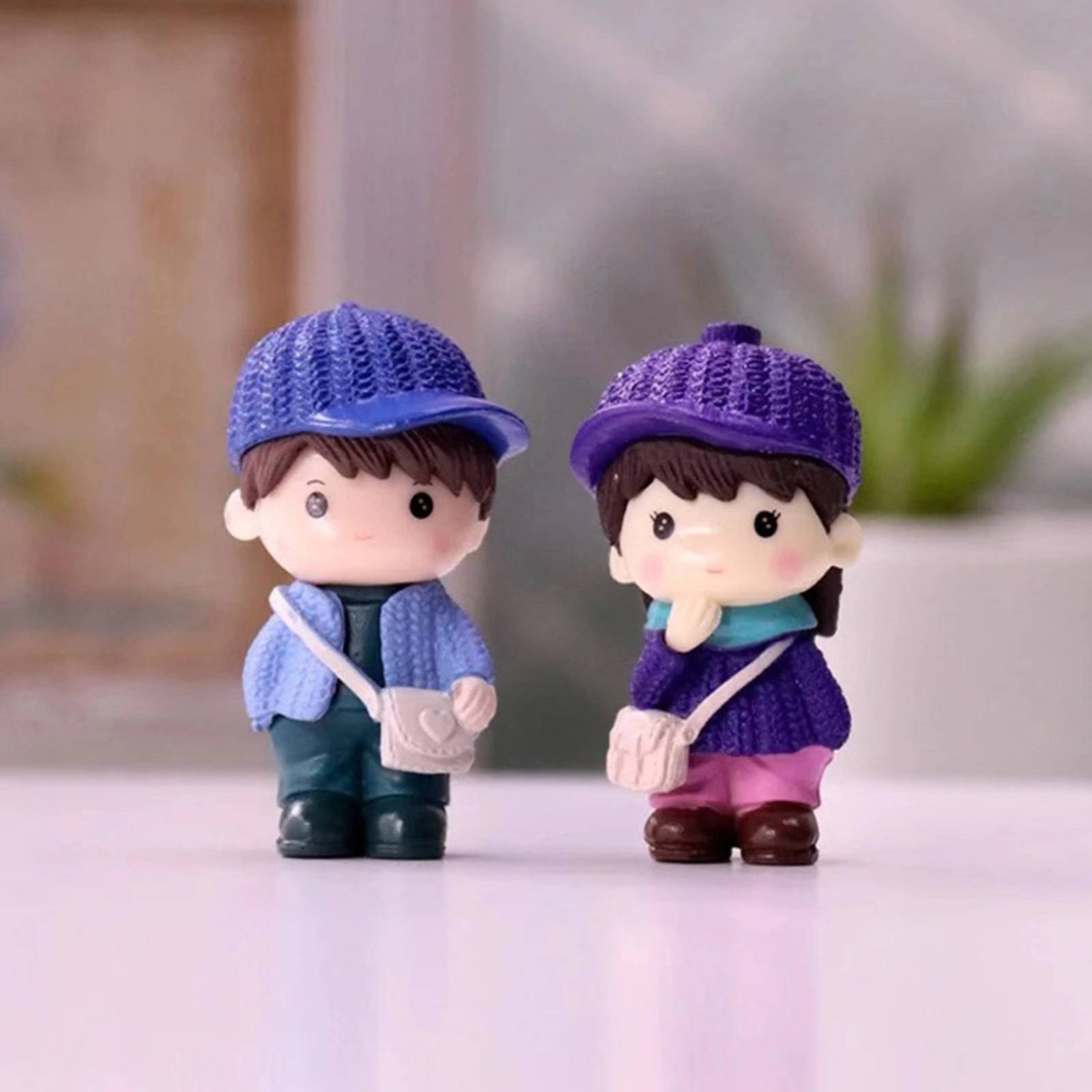cute doll couple, purple hats, chibi-style figurines, HD Desktop Wallpaper