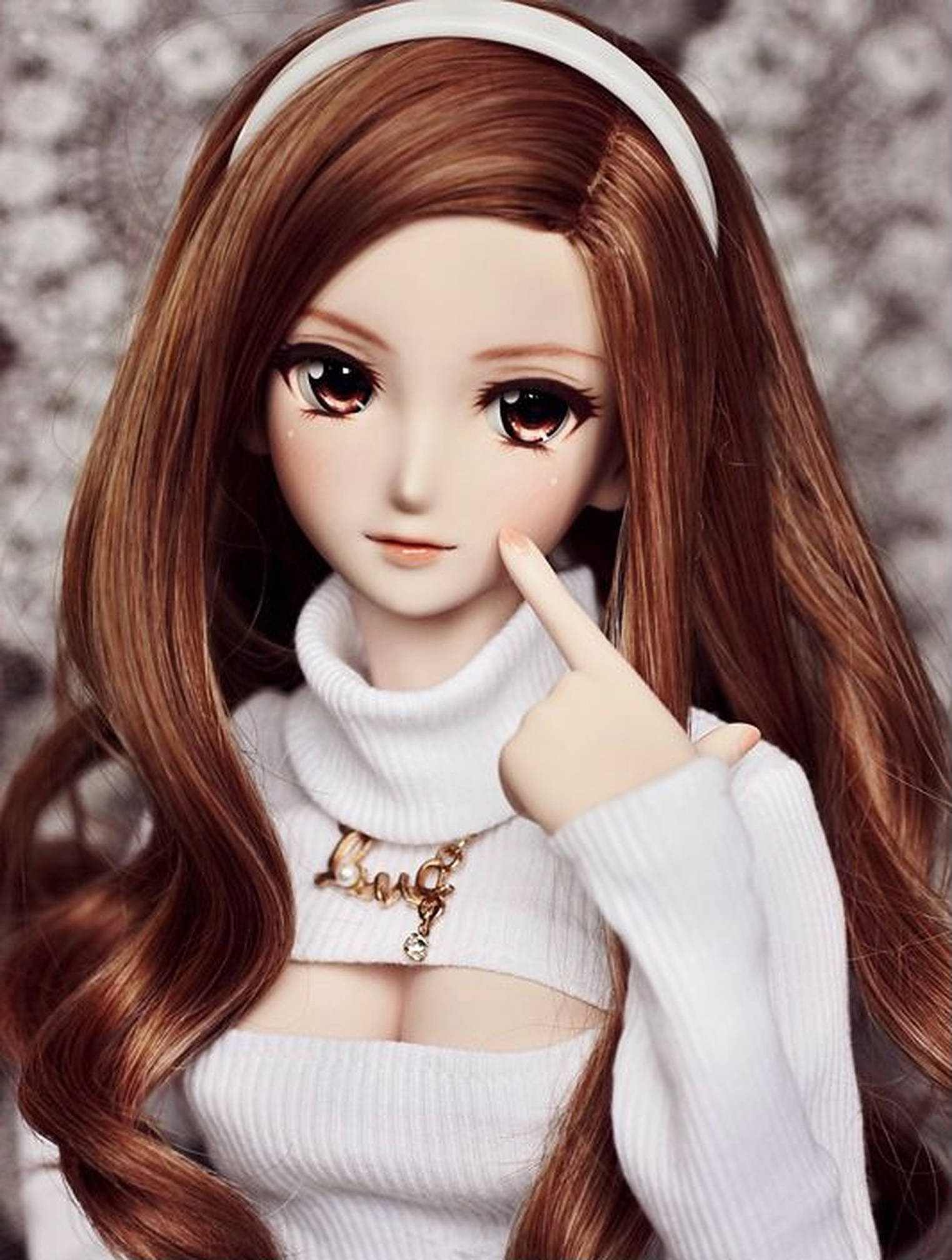 doll, white turtleneck, long brown hair, Full HD Phone Wallpaper