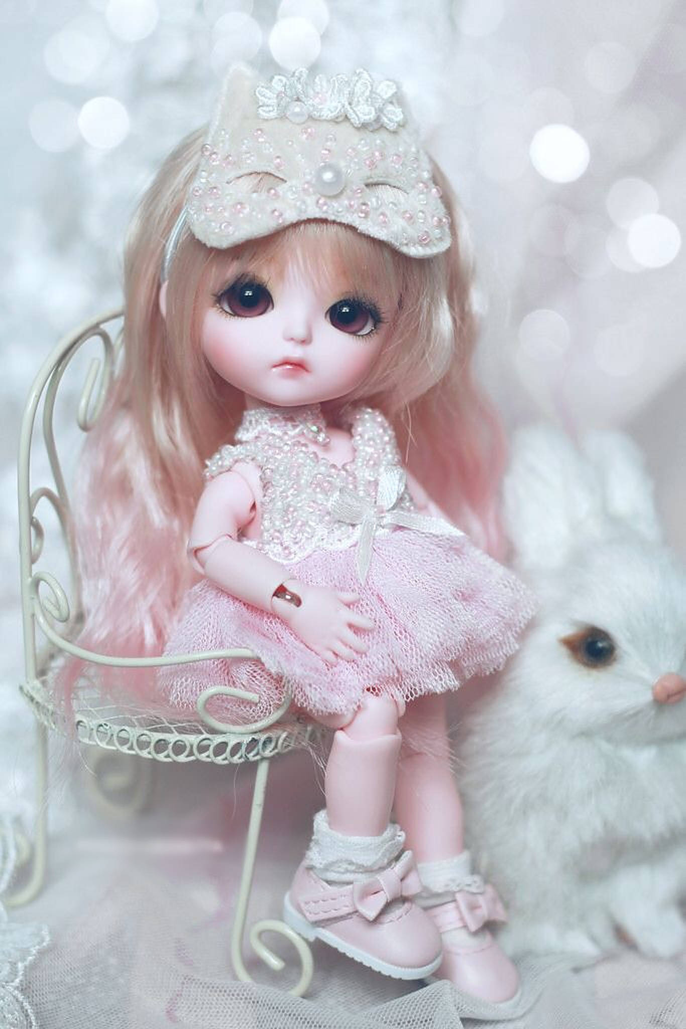 porcelain doll, pink pearl dress, fluffy white bunny, Full HD Phone Wallpaper