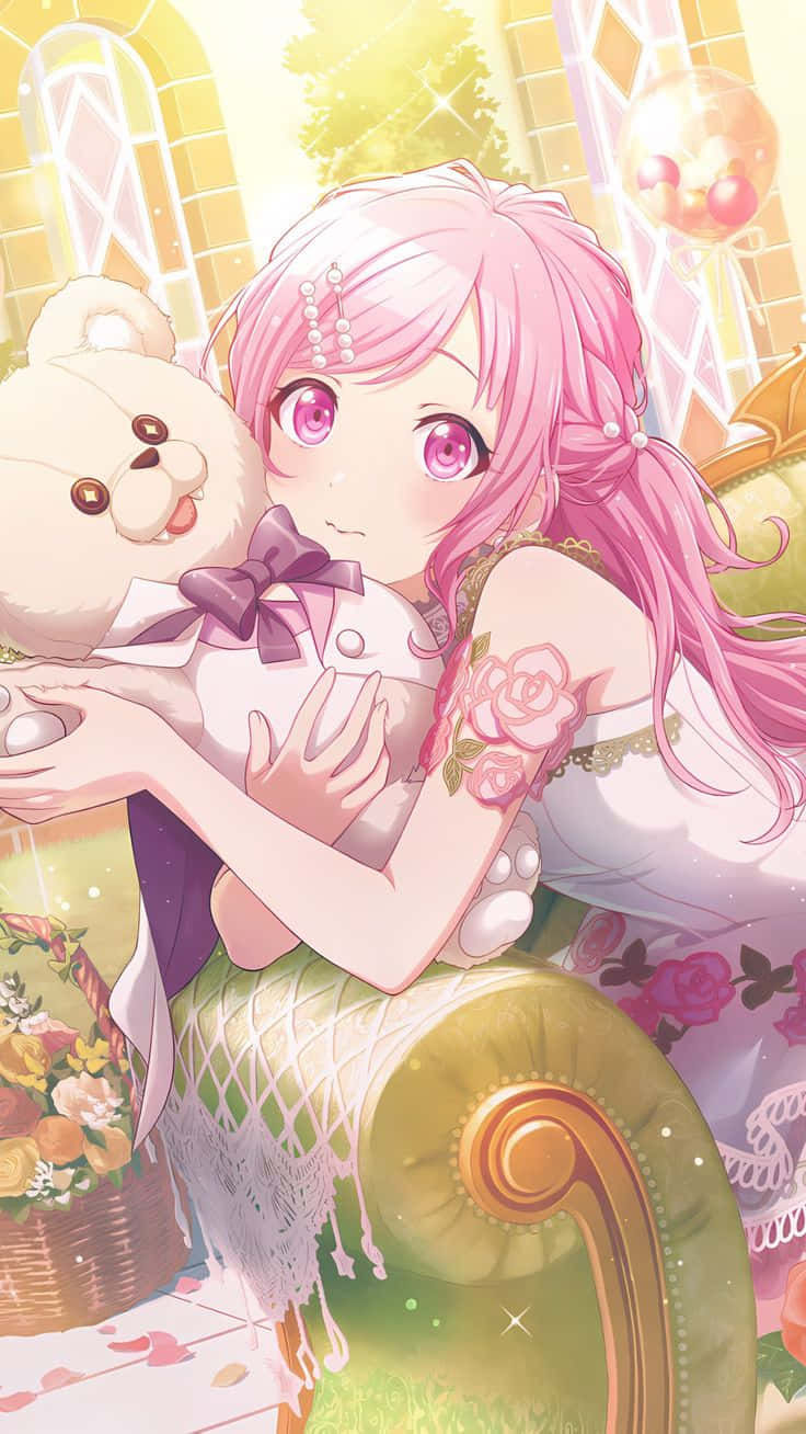 pink-haired anime girl, purple eyes, white teddy bear, HD Phone Wallpaper