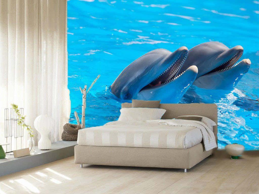 cute dolphin, vibrant blue ocean waves, modern beige bed, SD Desktop Wallpaper