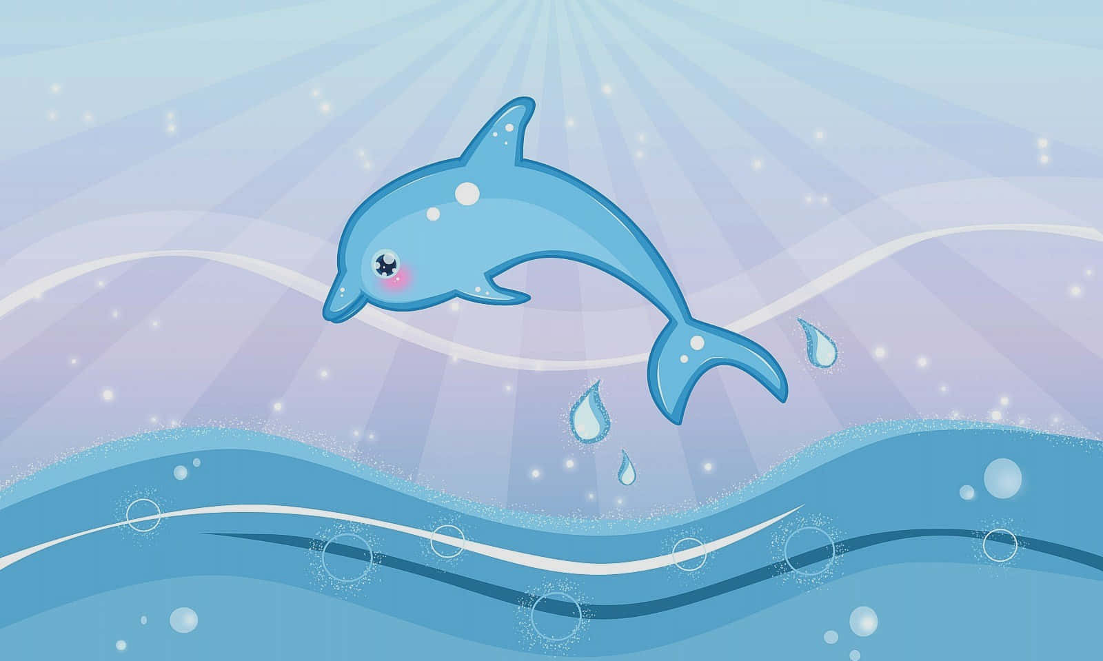 cute dolphin, blue cartoon dolphin, sparkling ocean waves, HD Desktop Wallpaper