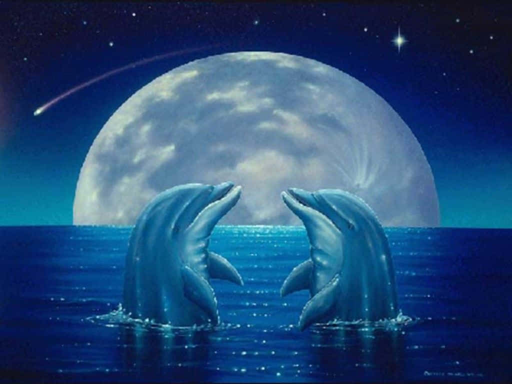 cute dolphin couple, moon, shooting star, SD Desktop Wallpaper