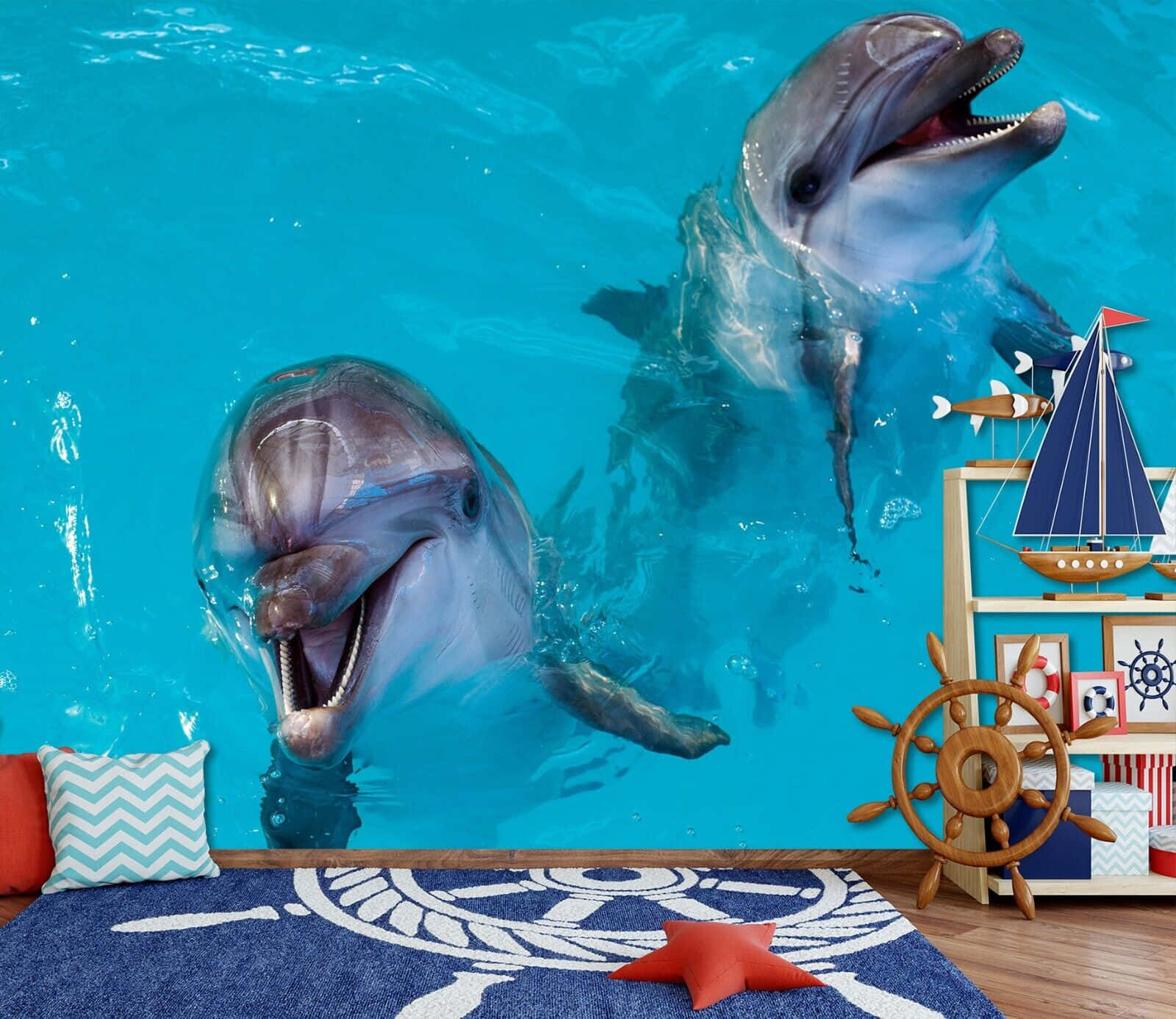 cute dolphins bedroom wall design, playful dolphins, vibrant turquoise water, HD Desktop Wallpaper