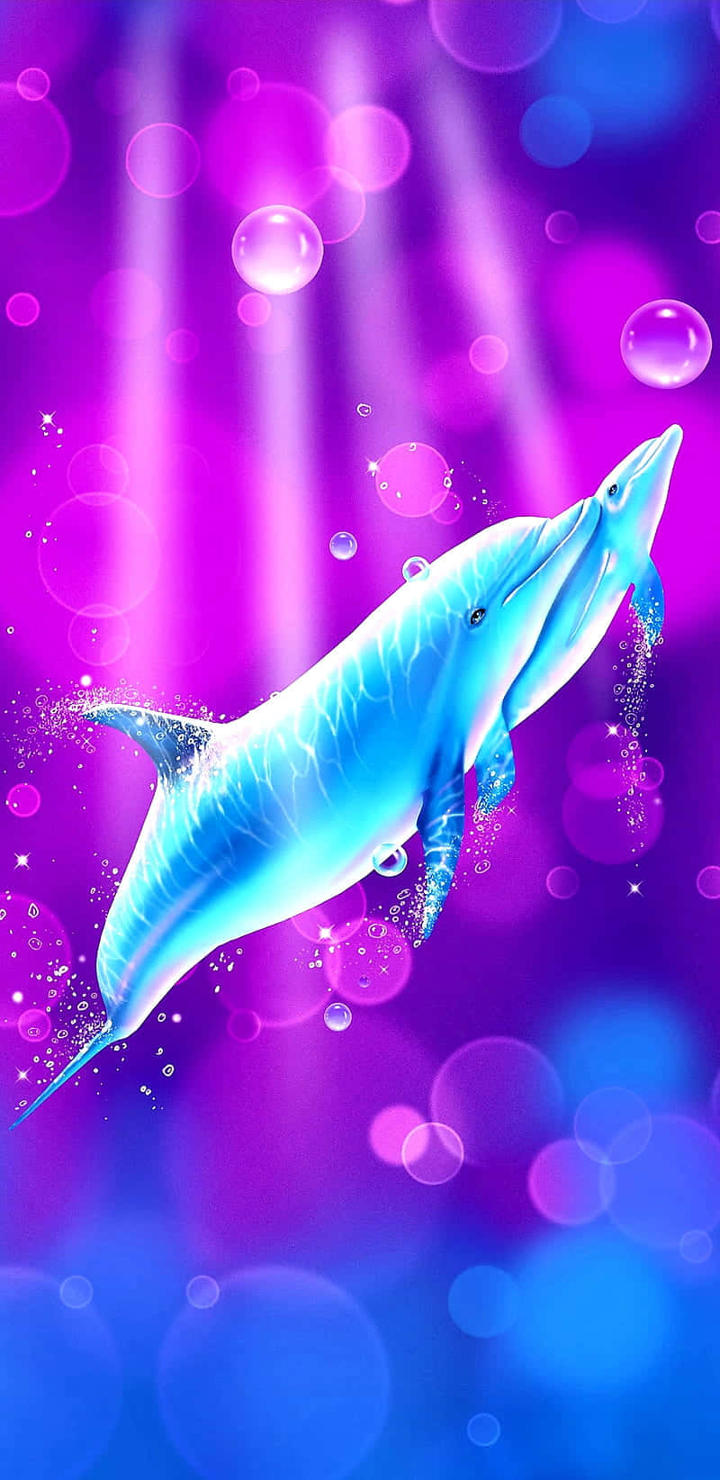 cute dolphin mother and calf, glowing blue dolphin, vibrant purple and blue water, HD Phone Wallpaper
