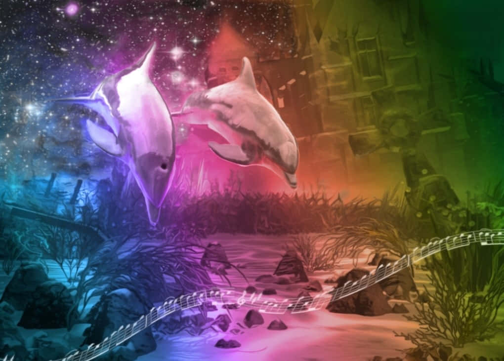 cute dolphins, underwater design, surreal cosmic landscape, SD Desktop Wallpaper