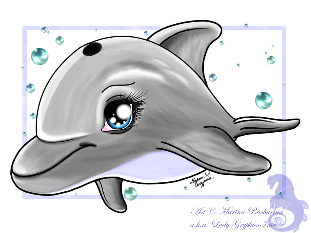 cute dolphin, big blue eyes, sparkling bubbles, SD Desktop Wallpaper