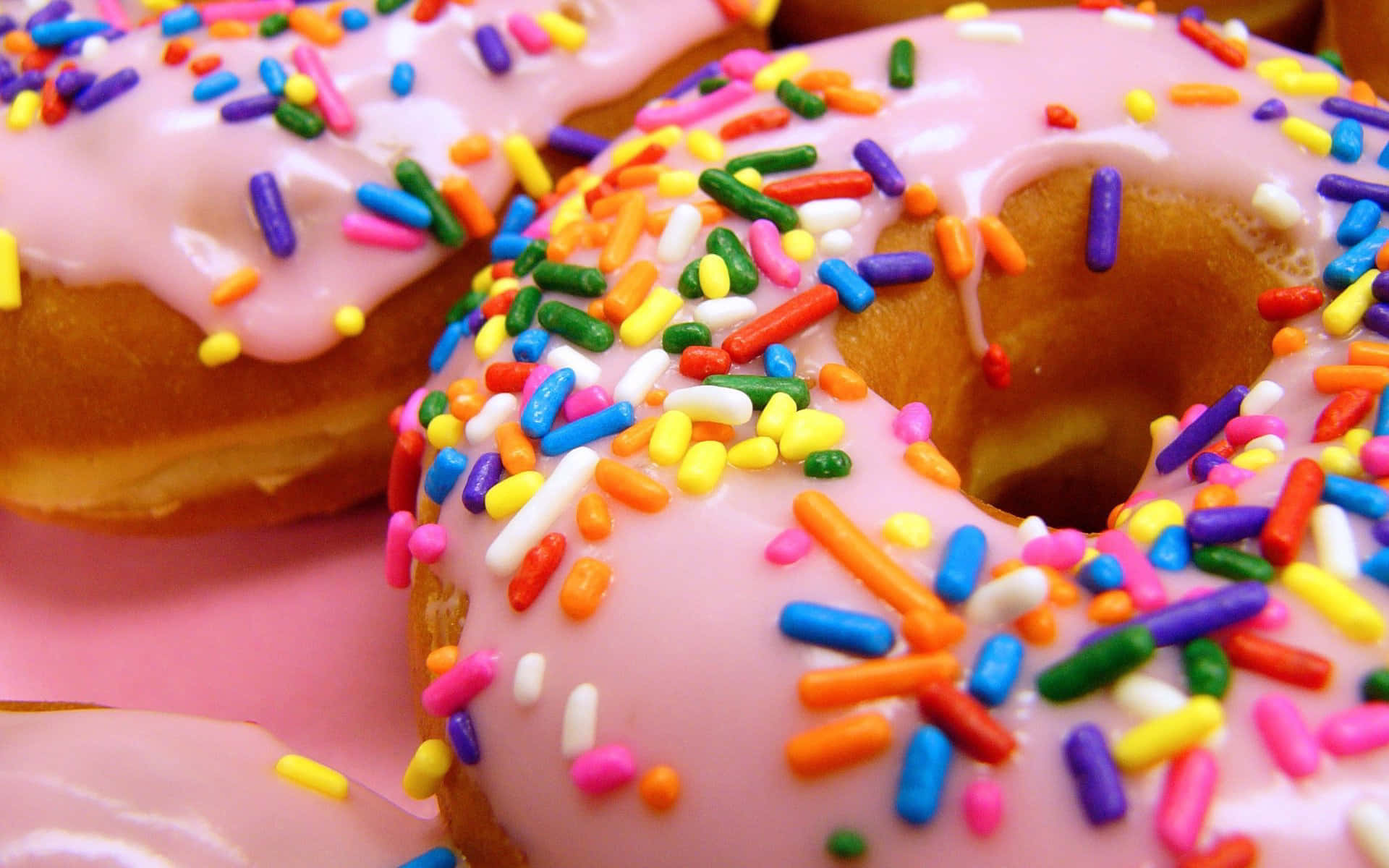 cute donut, glossy pink-frosted, rainbow sprinkles, Full HD Desktop Wallpaper
