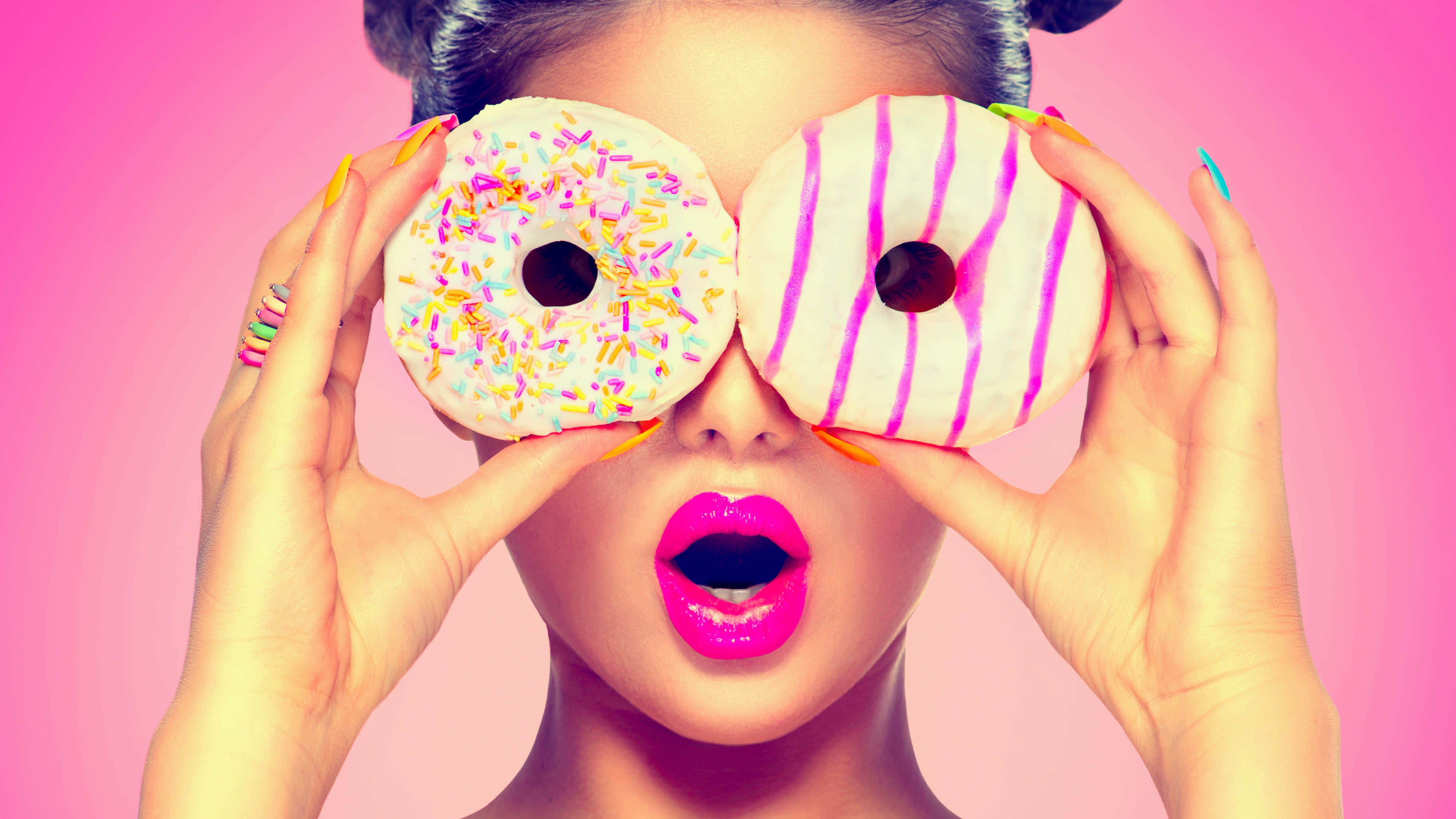 cute donut 4000 x 2250 wallpaper, Adorable Donut with a Smile, bright pink lips, 4K Desktop Wallpaper