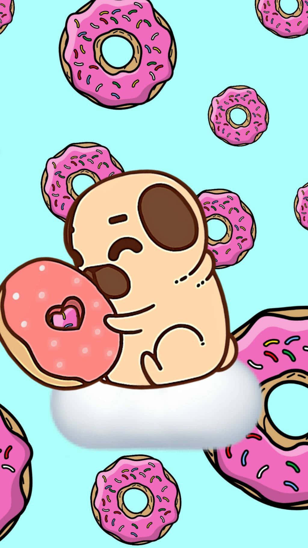 cute donut, cartoon pug, pink frosted donut, HD Phone Wallpaper