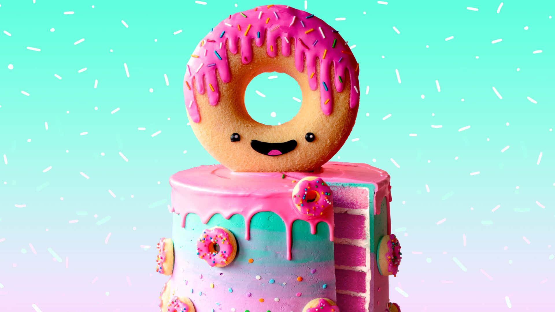 cute donut, pink-frosted donut, smiley face, Full HD Desktop Wallpaper