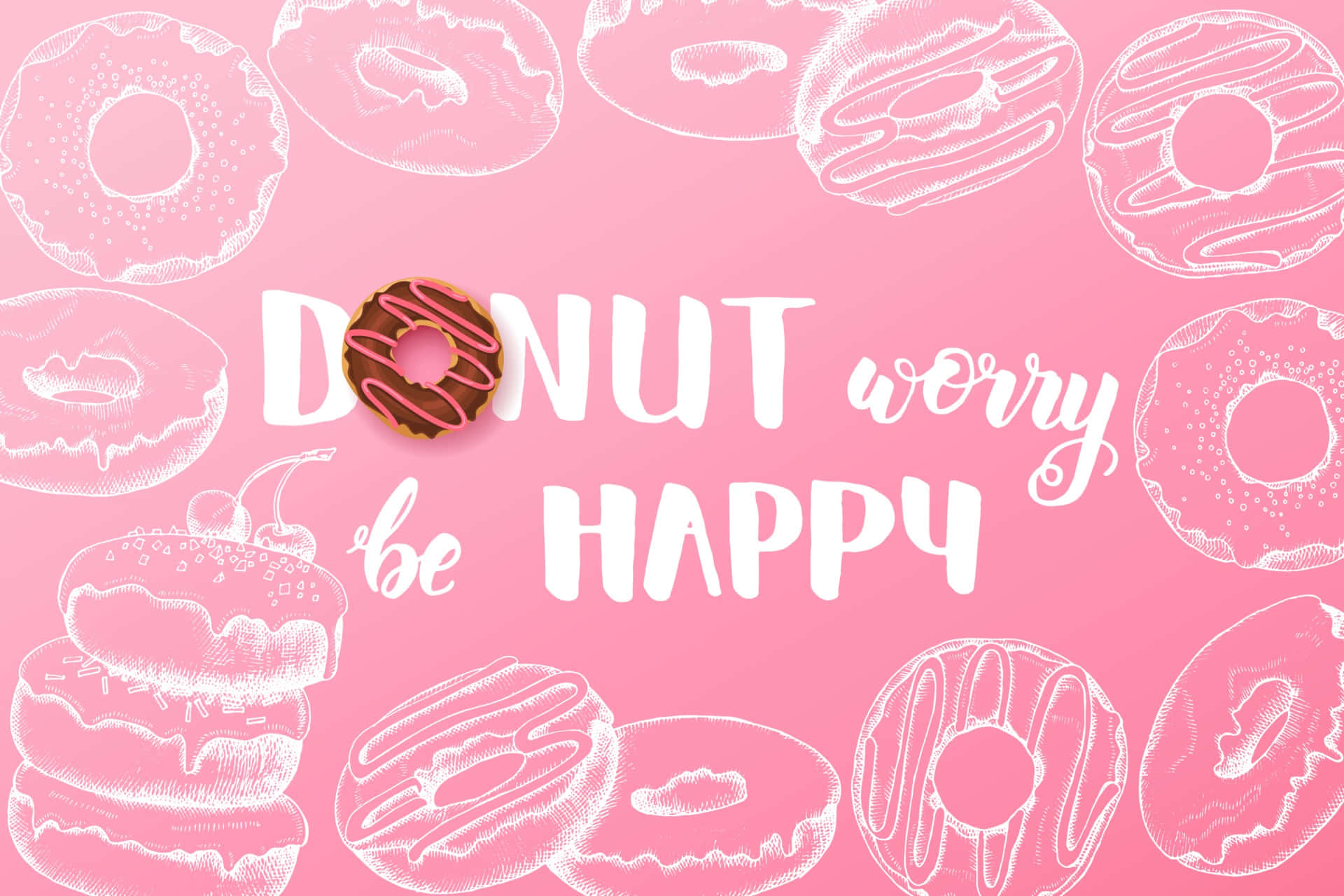 DONUT worry be HAPPY, pink background, glazed donut, Full HD Desktop Wallpaper