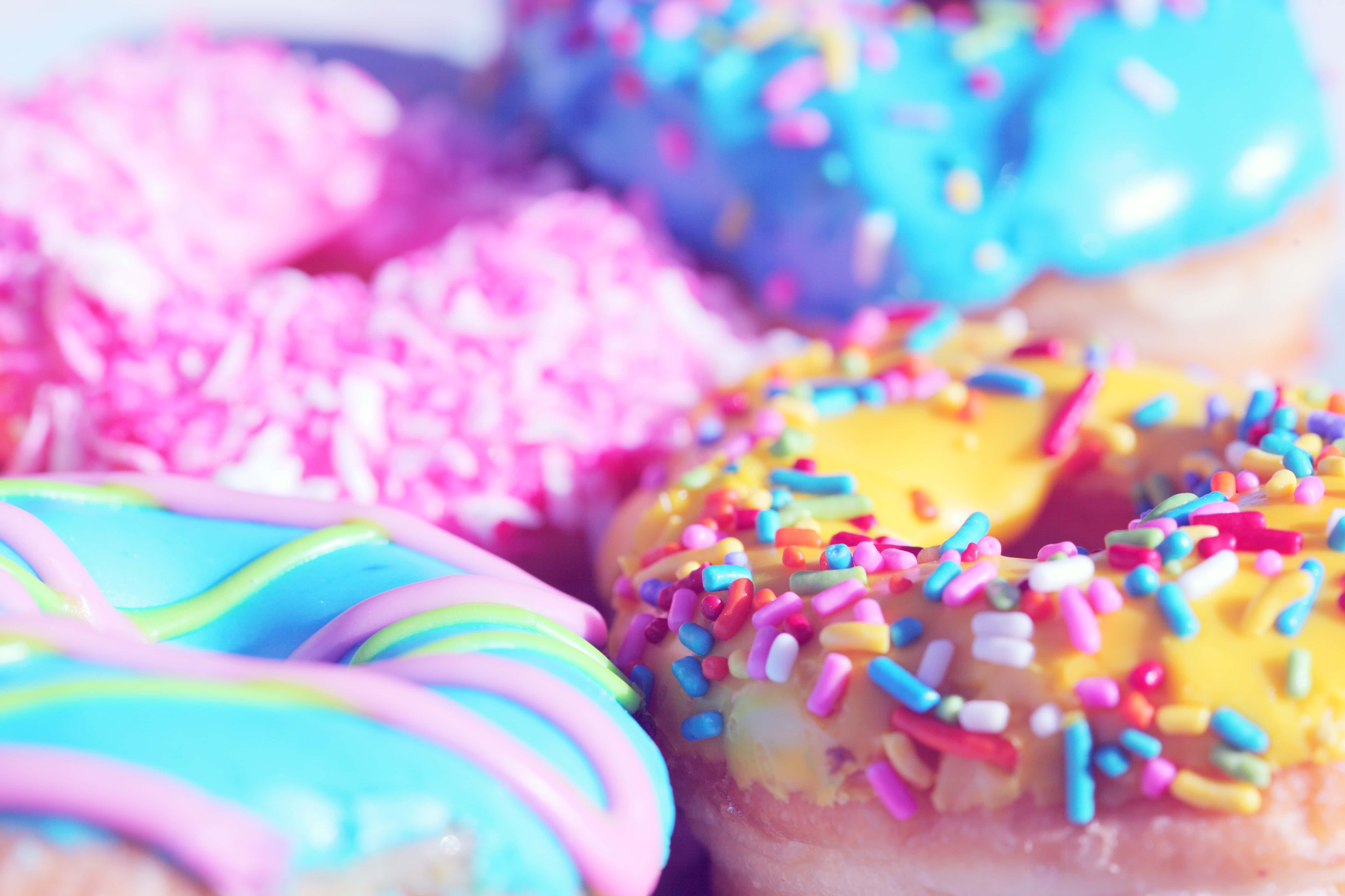 cute donut, pink glazed donut, rainbow sprinkles, 5K Desktop Wallpaper