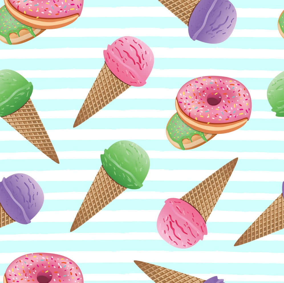 cute ice cream with donuts, pastel blue and white striped background, vibrant cartoon ice cream cones, SD Desktop Wallpaper
