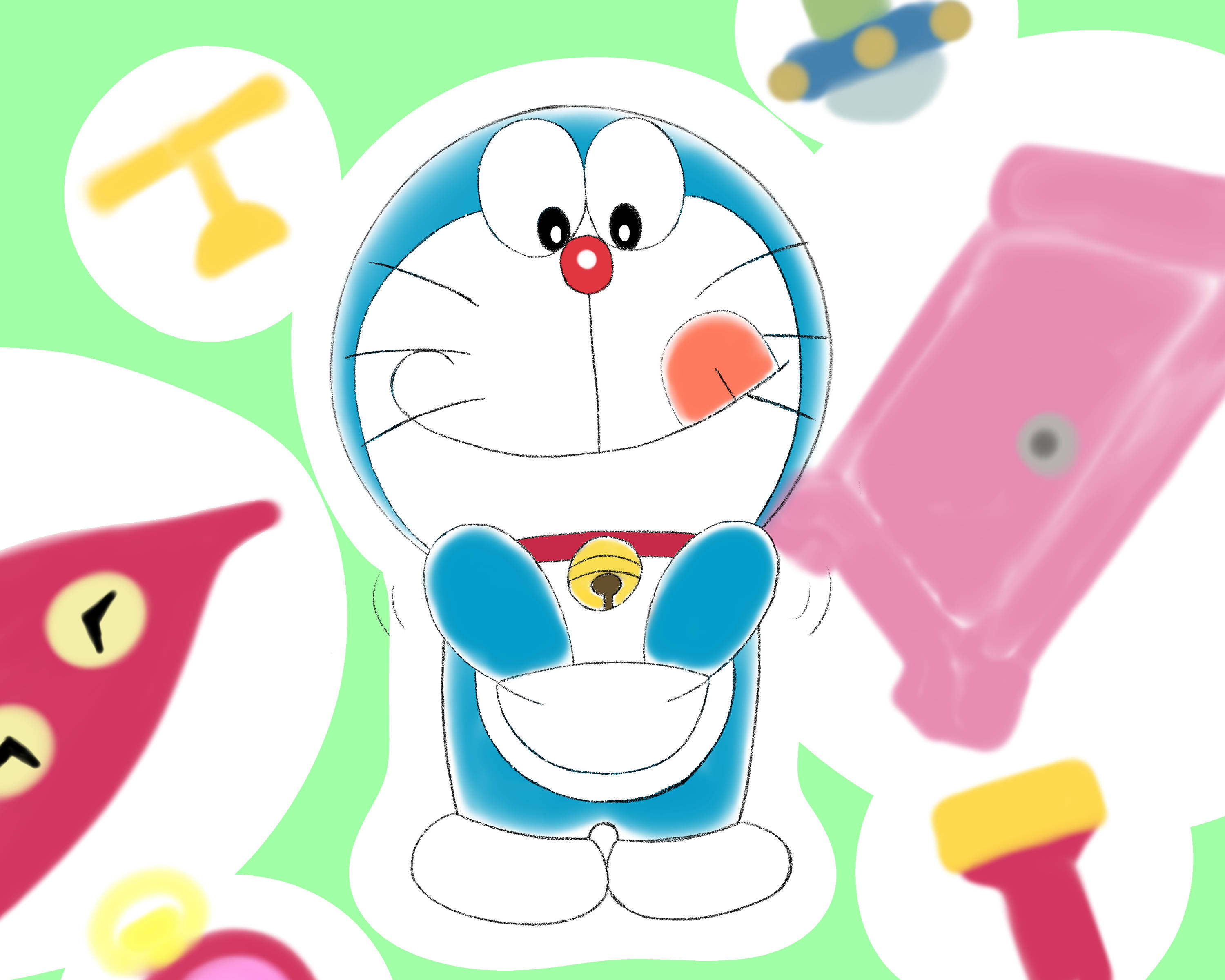 Doraemon, blue robotic cat, floating colorful gadgets, 2K Desktop Wallpaper