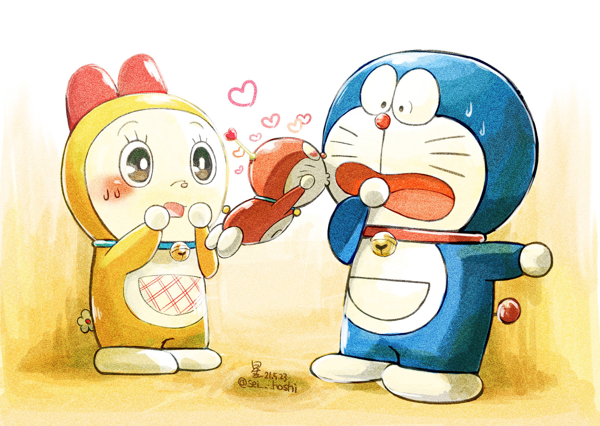 Doraemon, yellow character, red bow, Full HD Desktop Wallpaper
