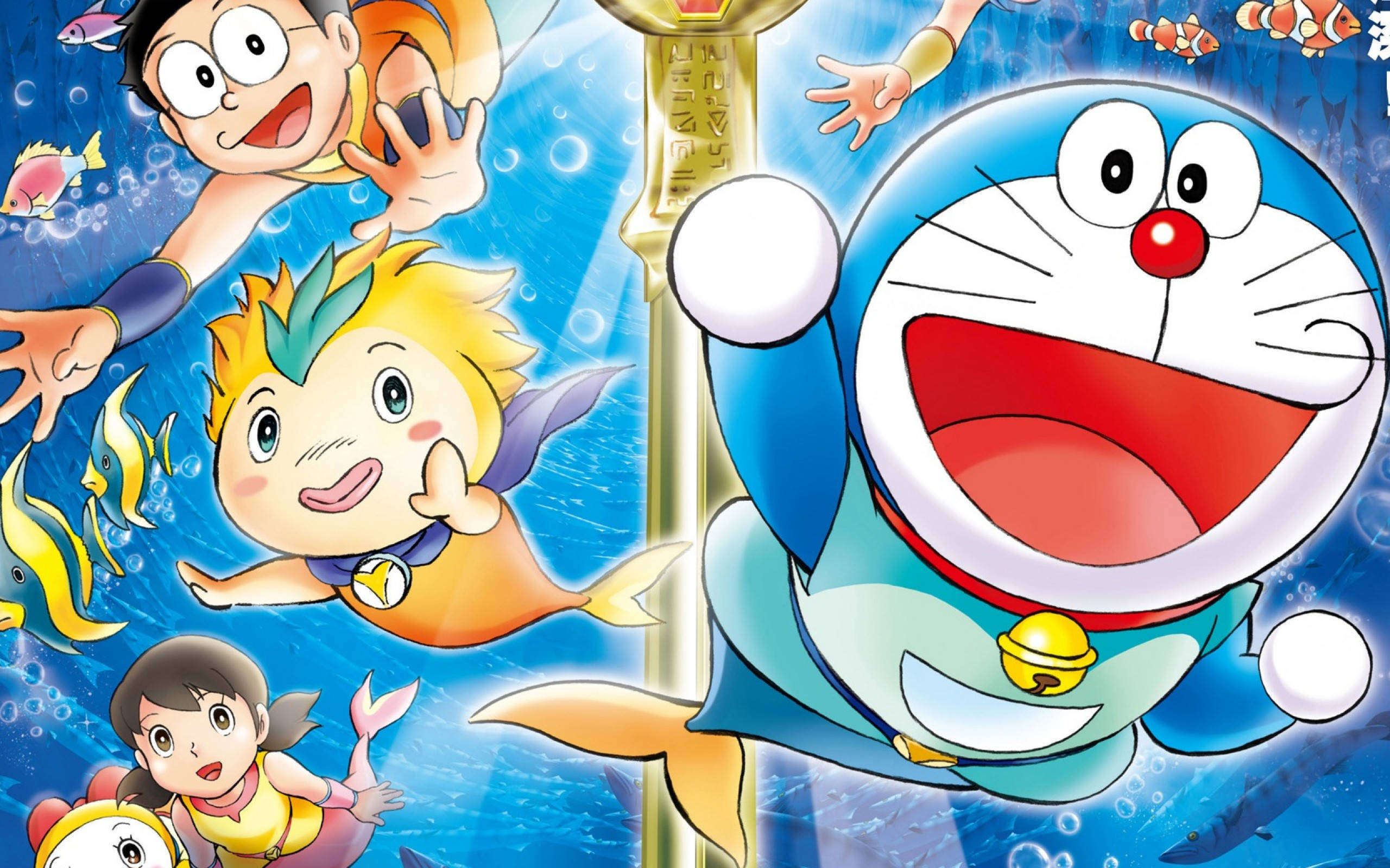 Doraemon, mermaid tails, underwater, 2K Desktop Wallpaper
