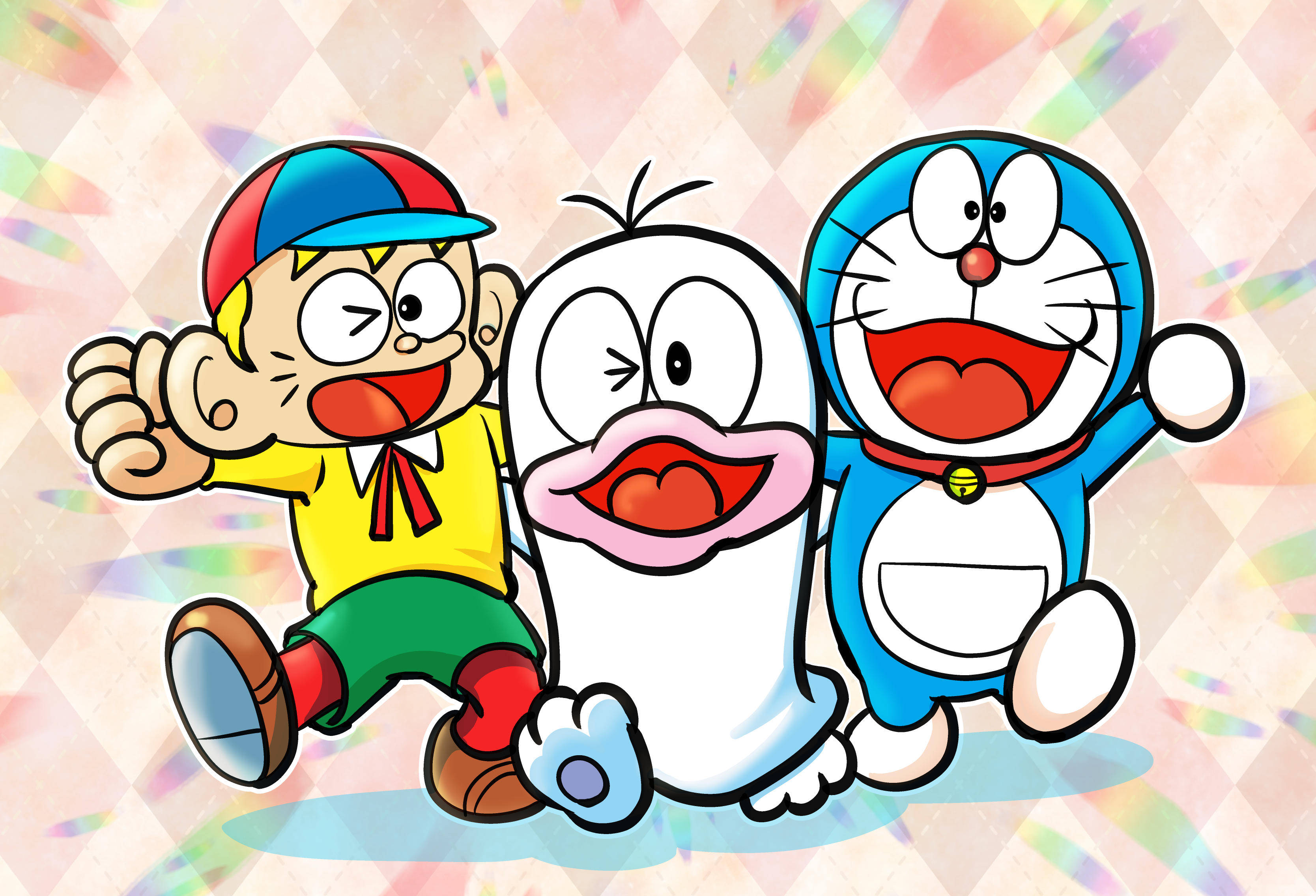 Cute Doraemon, manga characters, rainbow-hued diamond patterned background, 2K Desktop Wallpaper