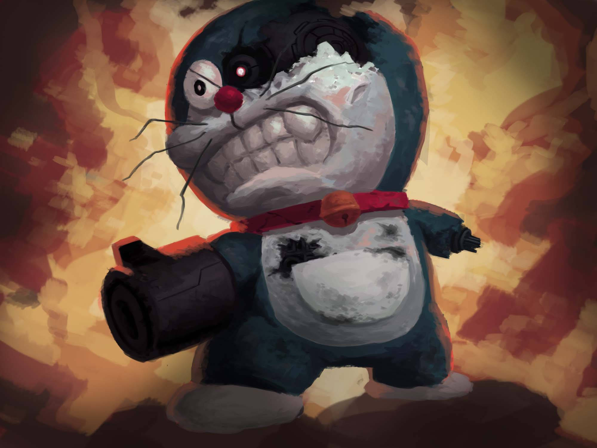 Doraemon, torn face, glowing eye, Full HD Desktop Wallpaper