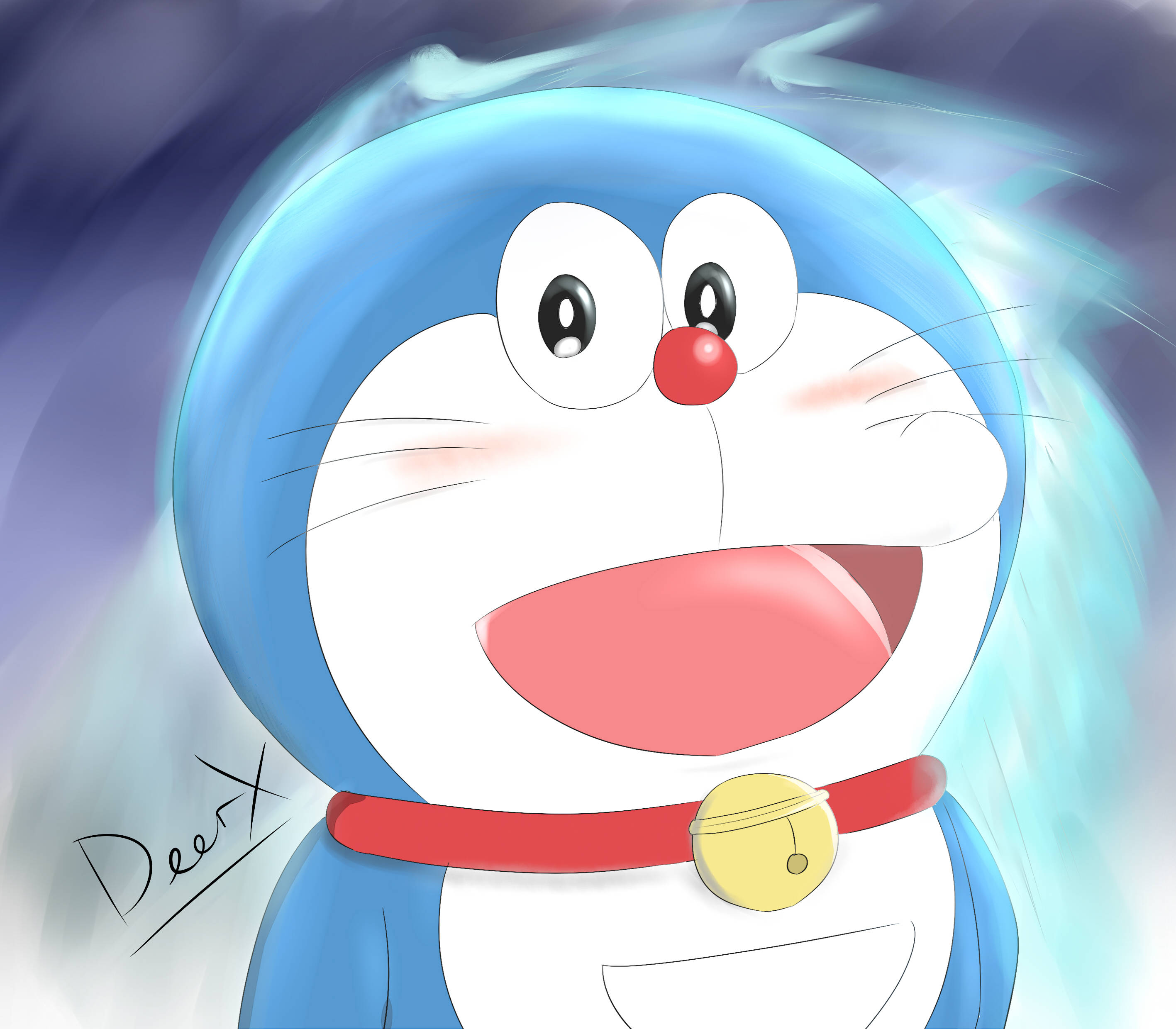 Cute Doraemon, glowing, turquoise, 2K Desktop Wallpaper