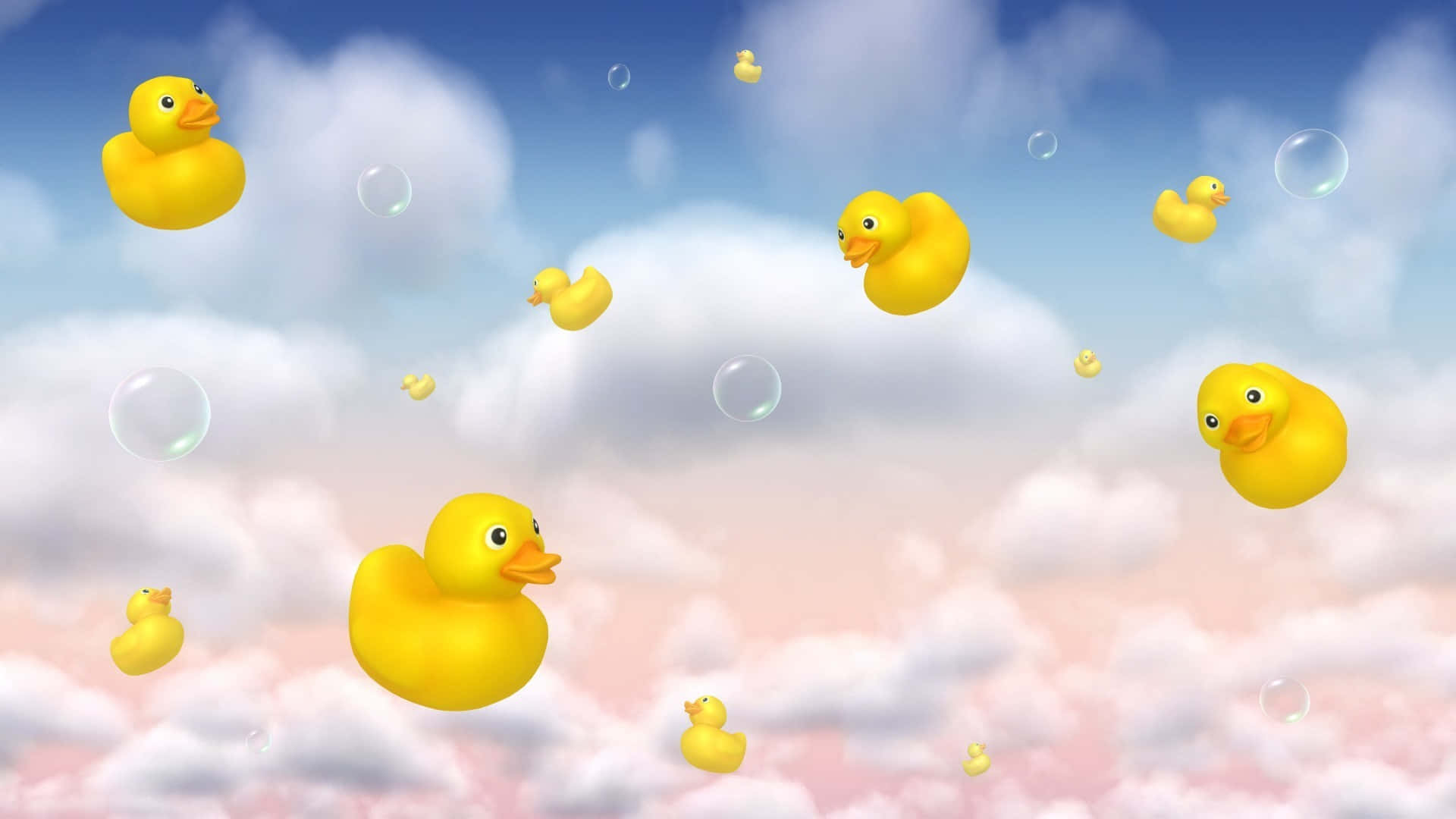 yellow rubber duck, fluffy clouds, soap bubbles, Full HD Desktop Wallpaper