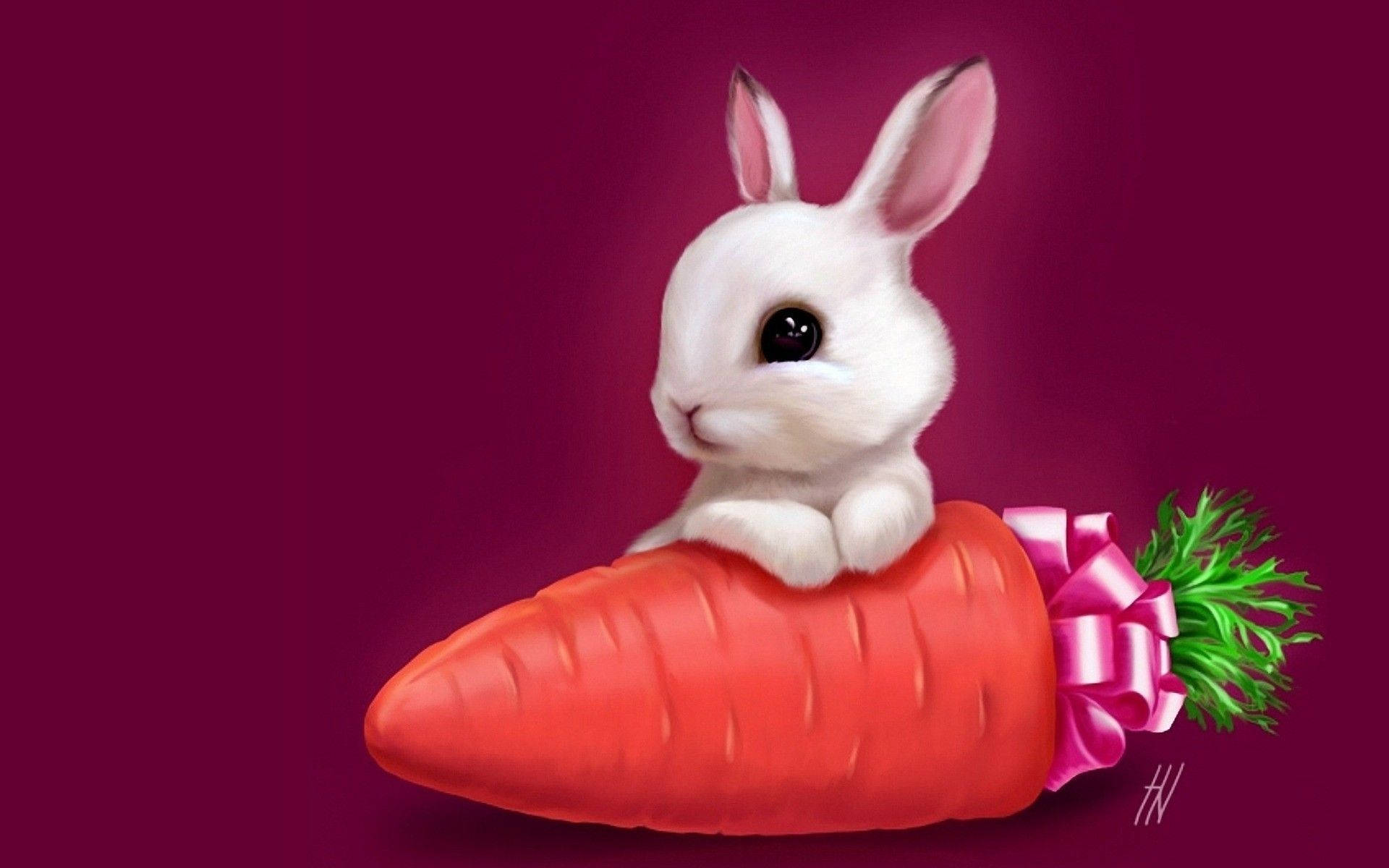 cute easter bunny, bright orange carrot, pink bow, Full HD Desktop Wallpaper