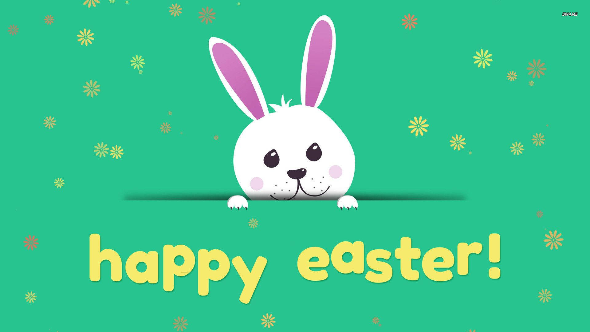 cute white cartoon bunny, pink inner ears, green surface, Full HD Desktop Wallpaper