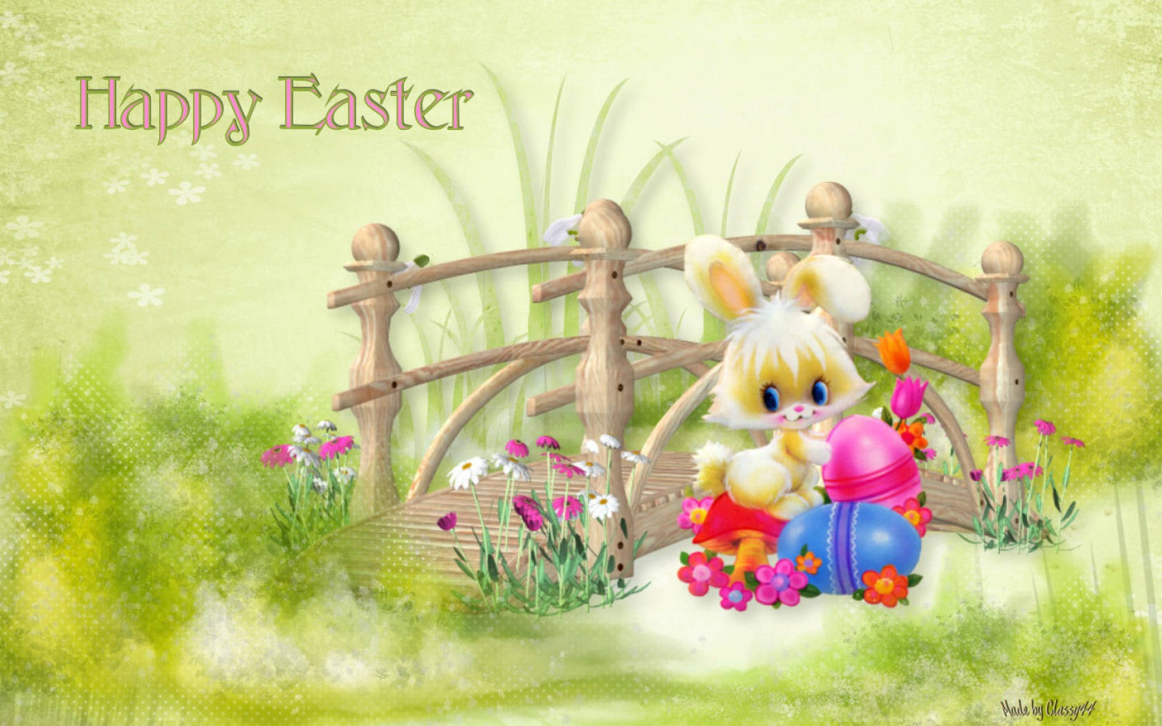 cute happy easter garden bunny, wooden bridge, colorful flowers, HD Desktop Wallpaper
