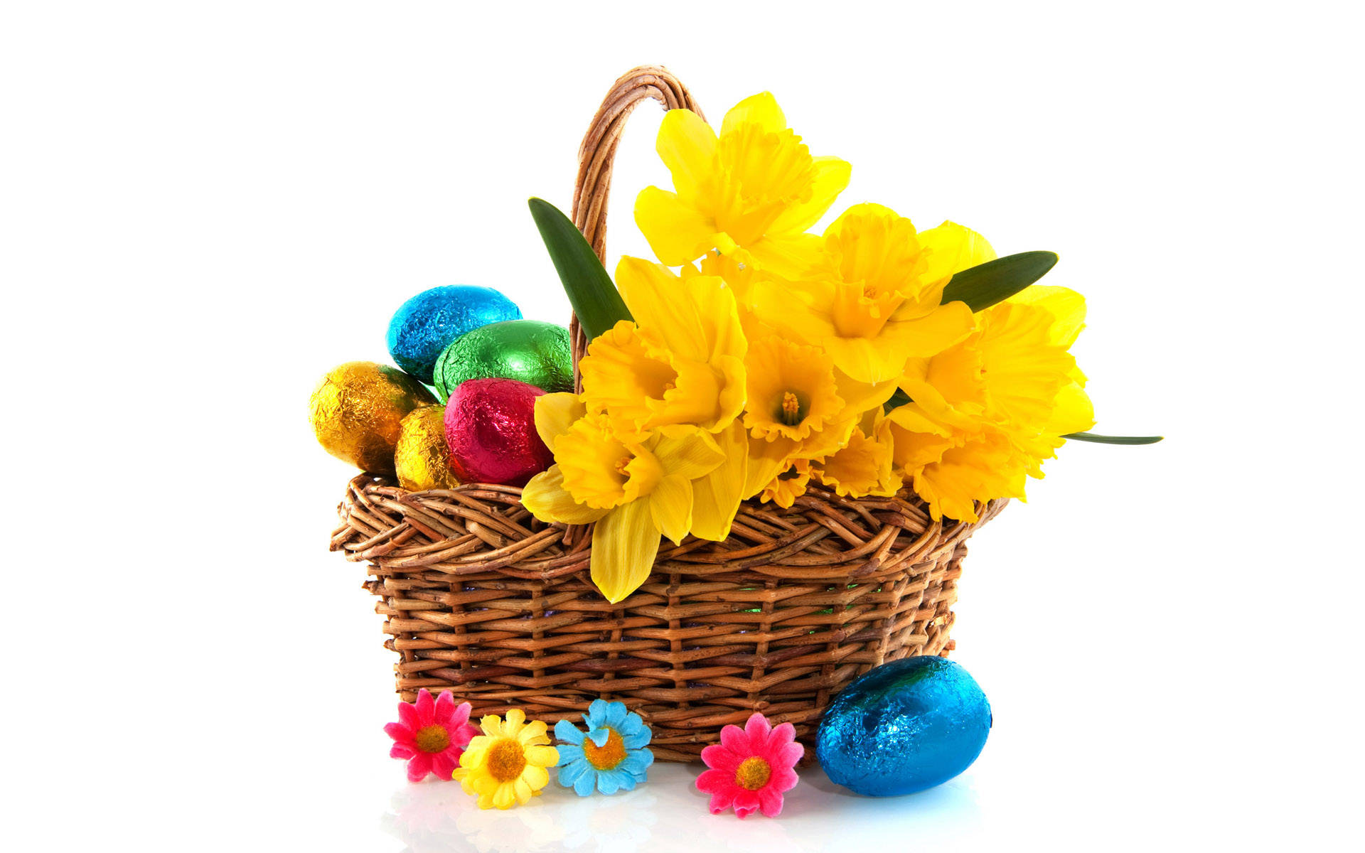 Cute Easter Daffodil, wicker basket, vibrant yellow daffodils, Full HD Desktop Wallpaper