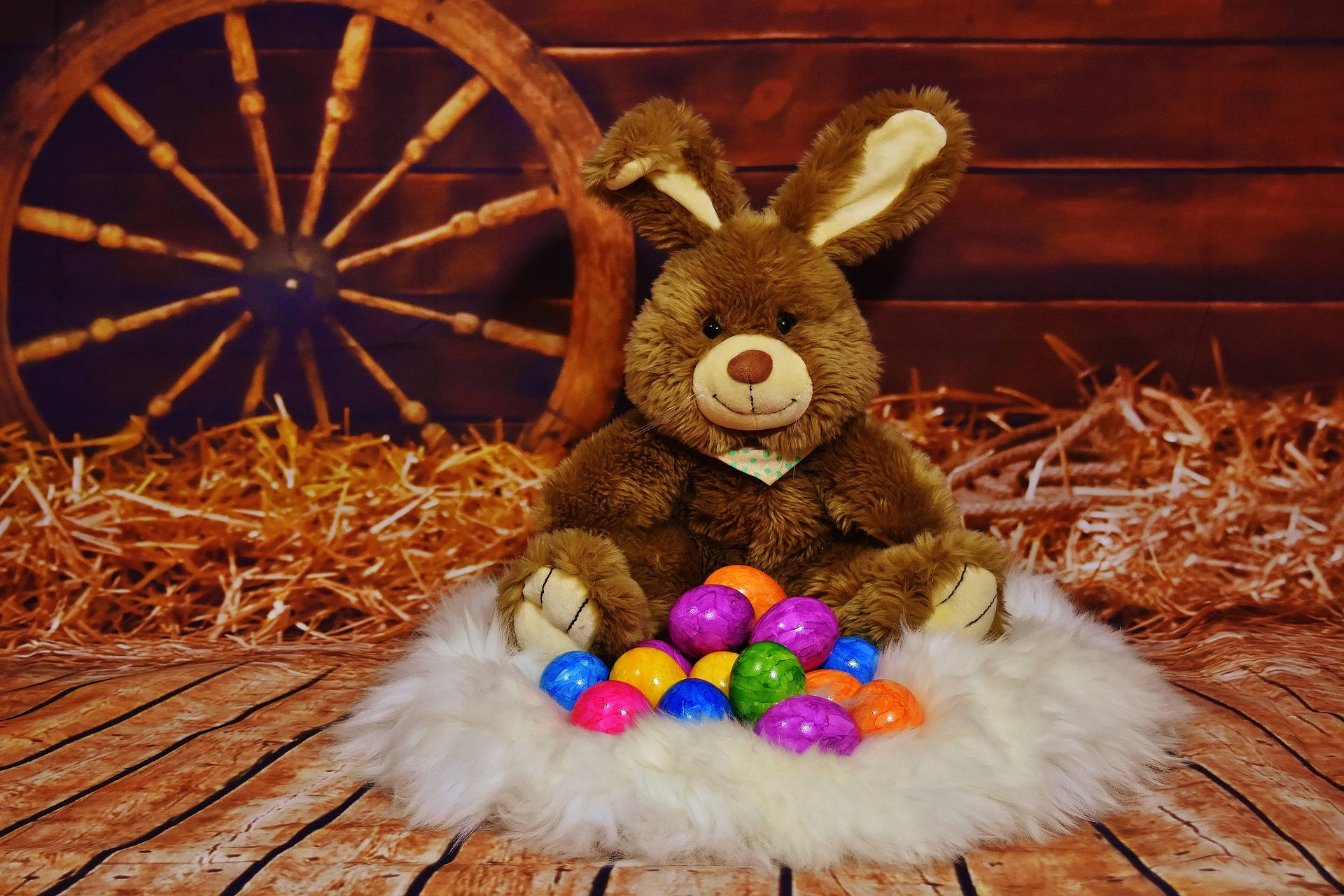 brown plush bunny, white furry nest, colorful plastic Easter eggs, Full HD Desktop Wallpaper