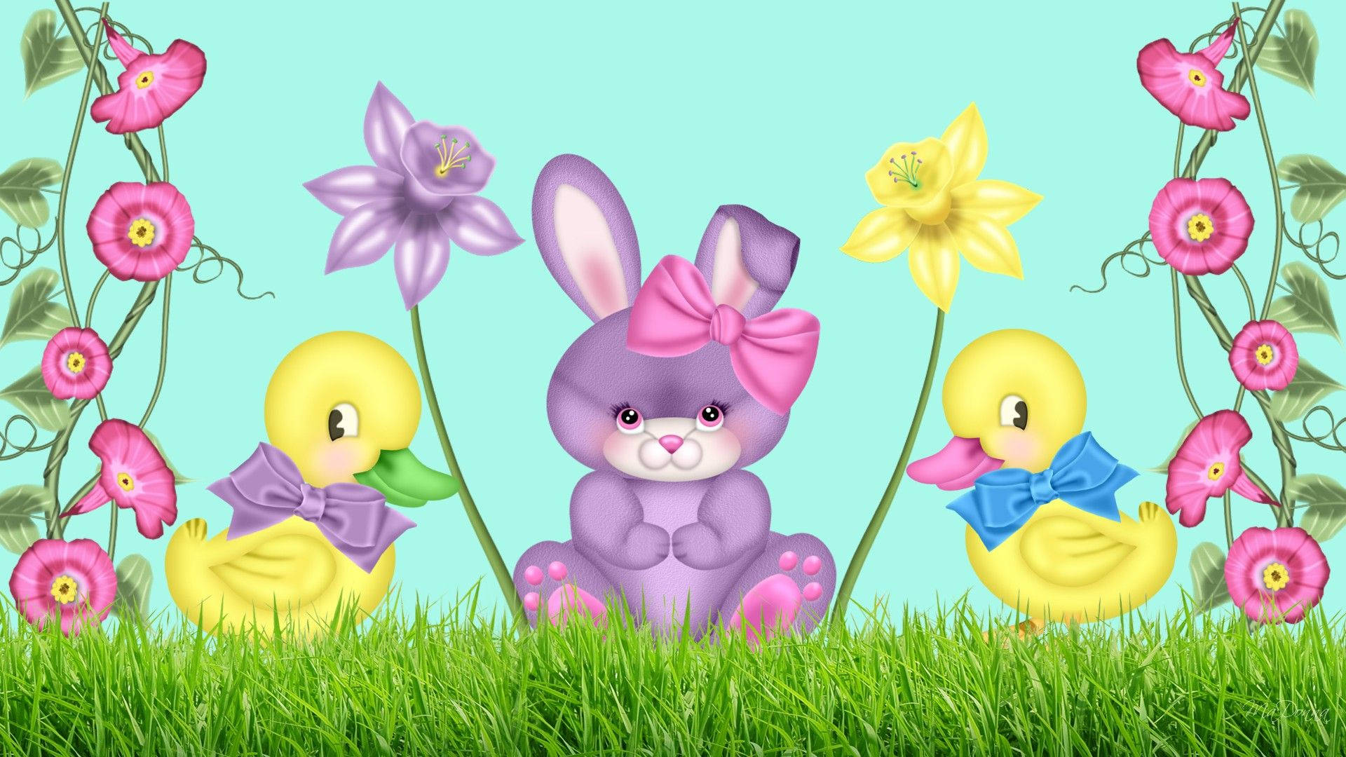 purple bunny, pink bow, yellow ducklings, Full HD Desktop Wallpaper
