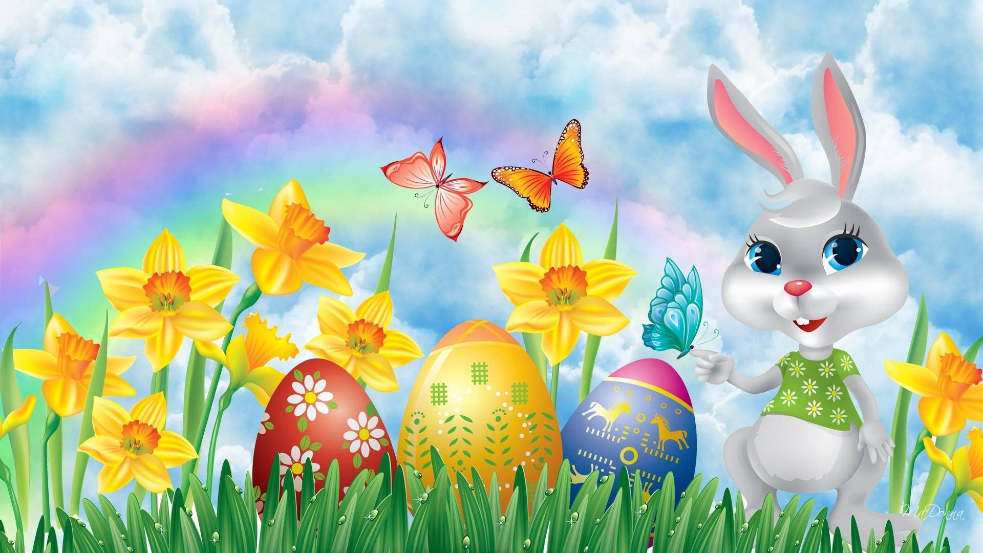 Cute Easter Bunny, pastel rainbow sky, colorful Easter eggs, Full HD Desktop Wallpaper