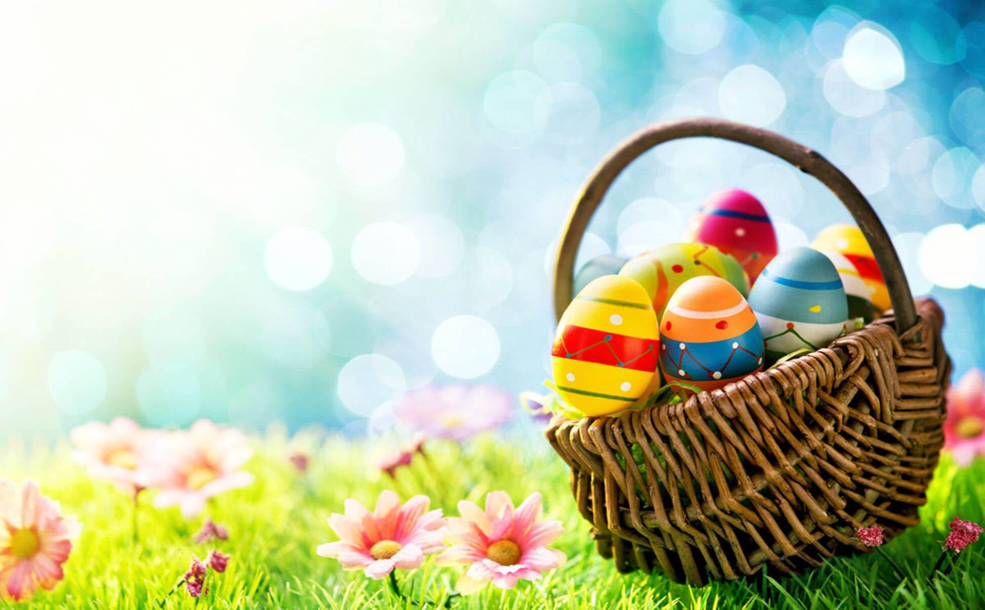 wicker basket, vibrantly painted Easter eggs, lush green grass, Full HD Desktop Wallpaper