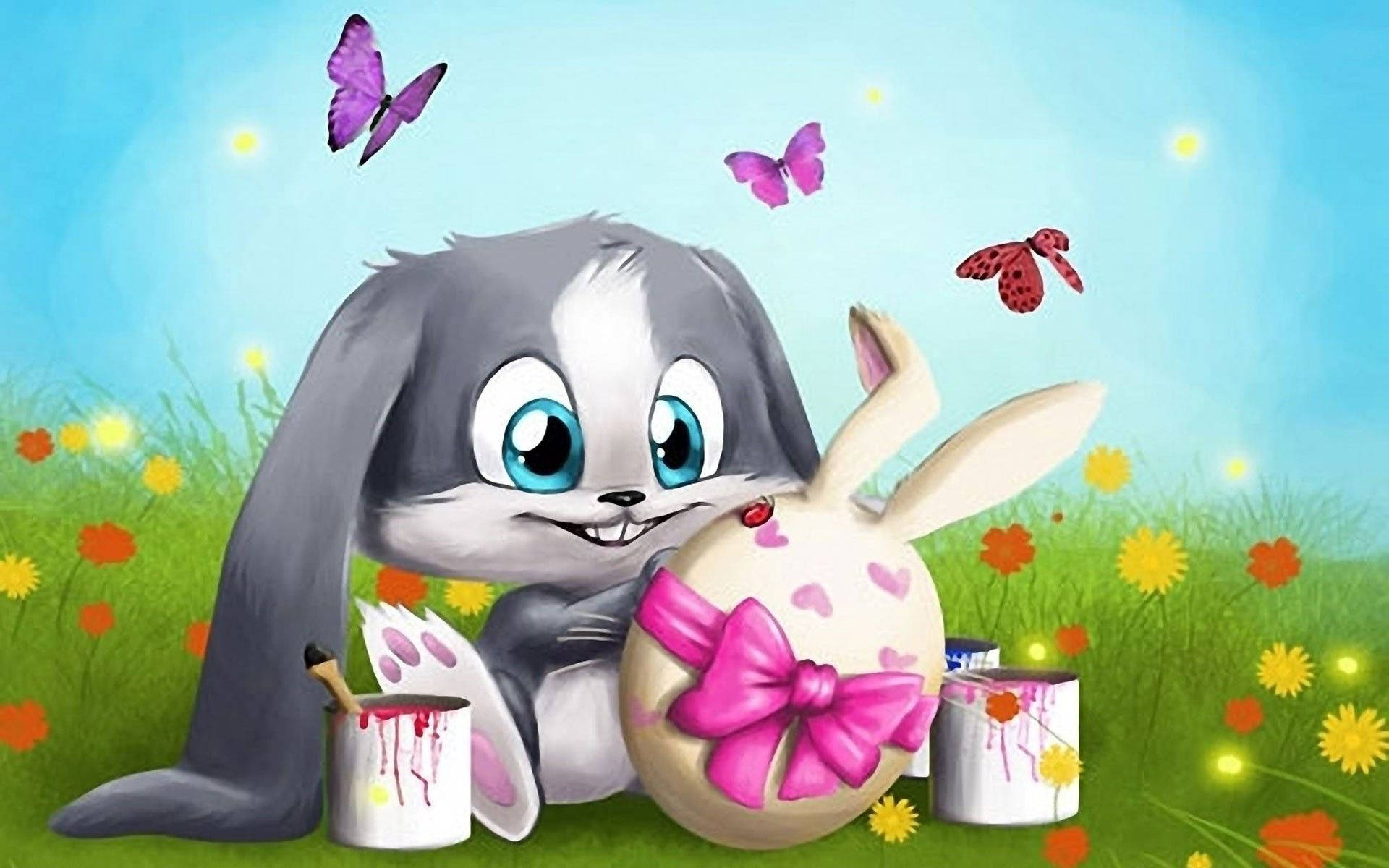 cute easter painting bunny, gray bunny, blue eyes, Full HD Desktop Wallpaper