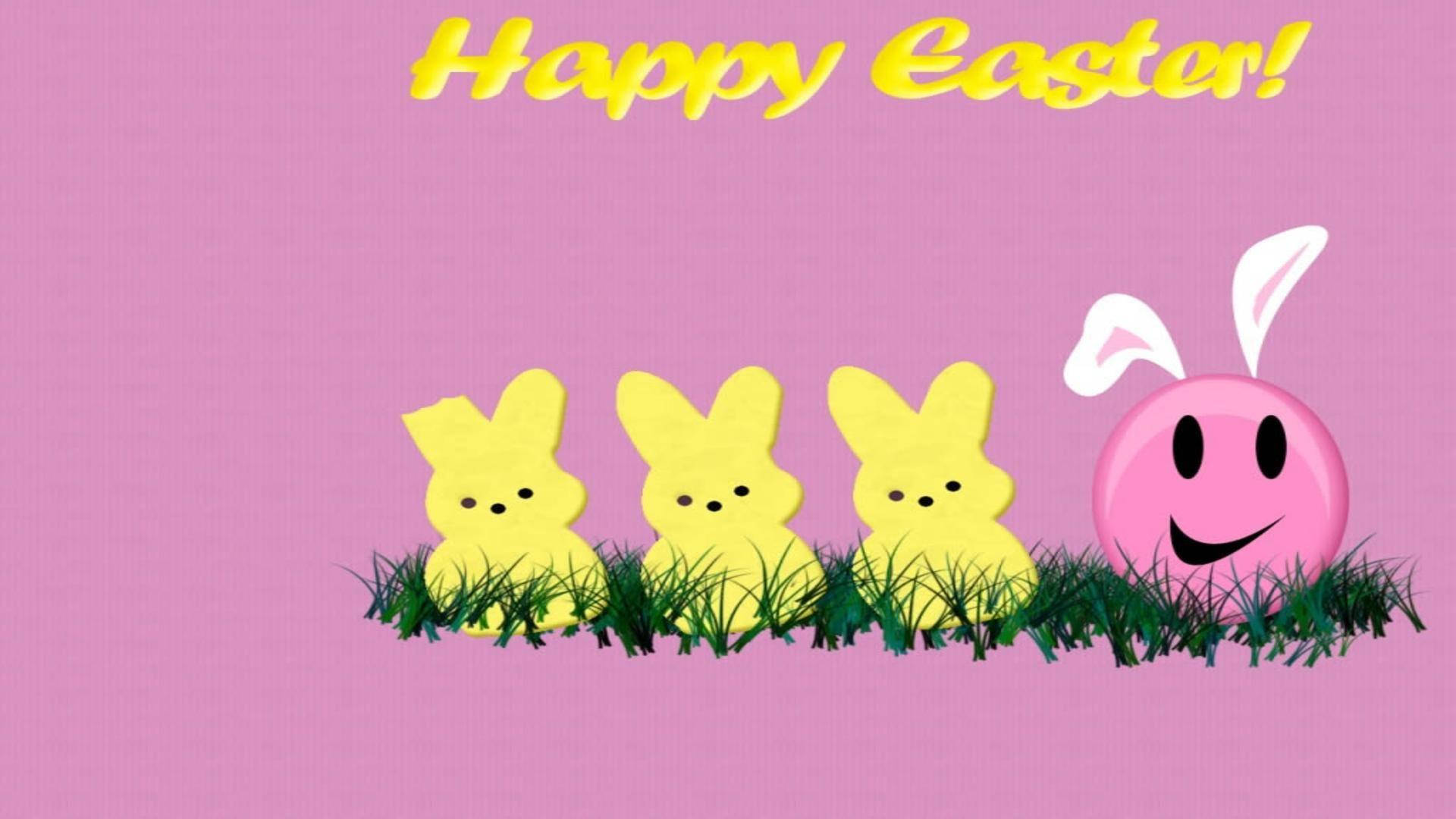 yellow bunny-shaped candies, pink smiling egg with bunny ears, green grass, Full HD Desktop Wallpaper