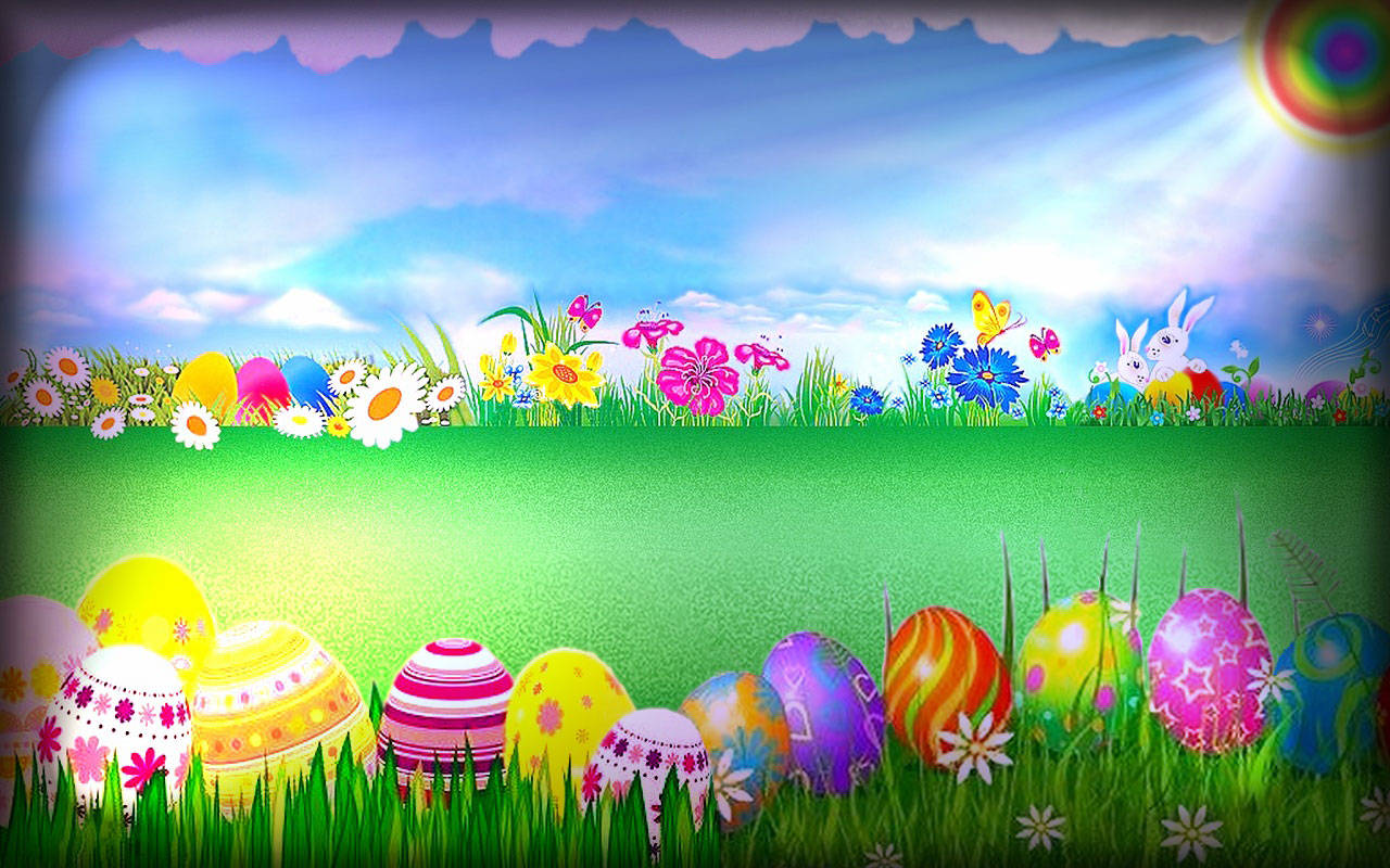 Easter eggs, flowers, sunny meadow, HD Desktop Wallpaper