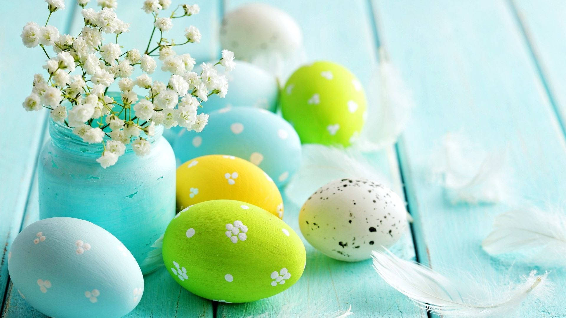 blue Easter, turquoise jar, baby's breath flowers, Full HD Desktop Wallpaper