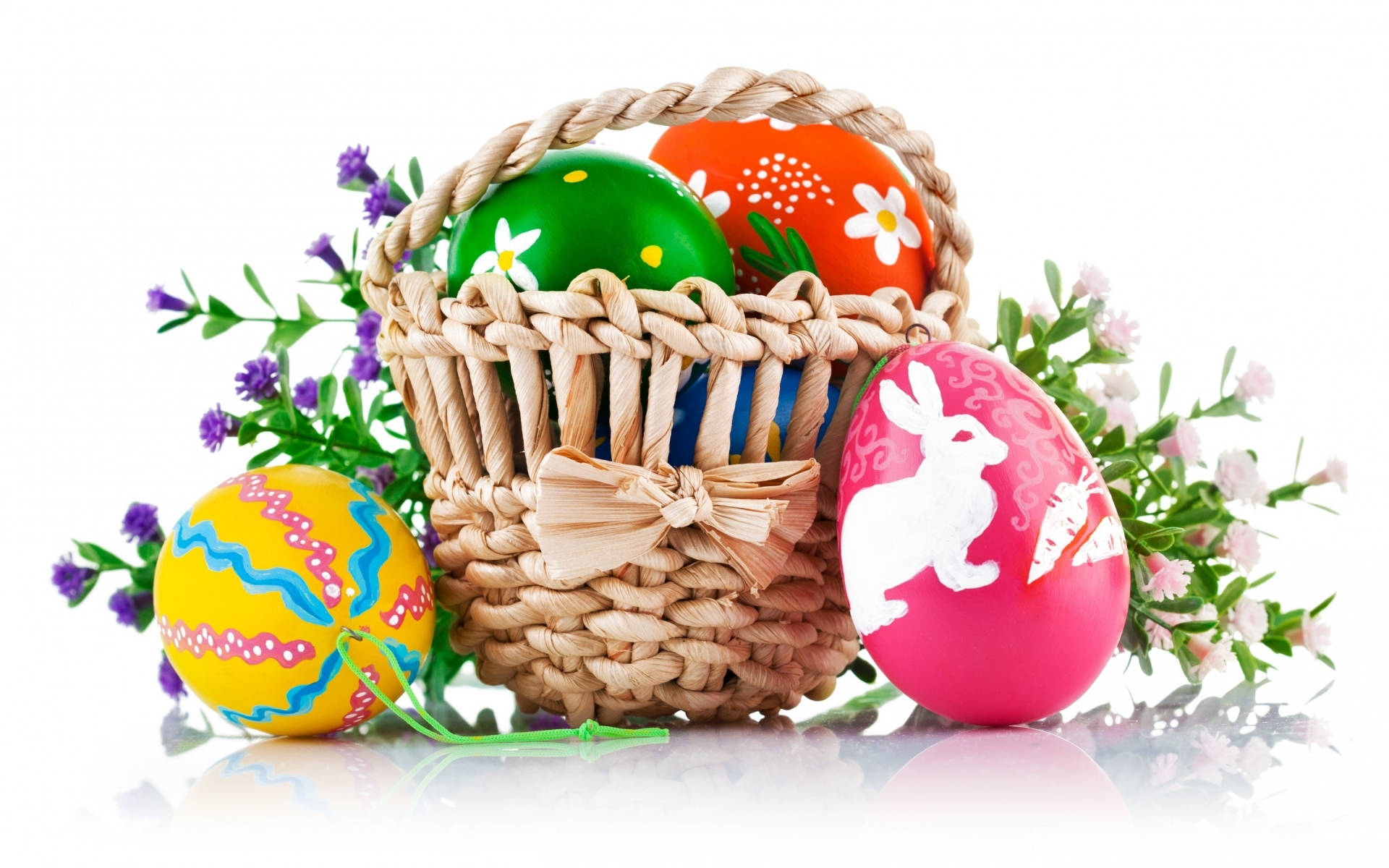 Cute Easter Egg Decoration, woven basket, vibrantly painted Easter eggs, Full HD Desktop Wallpaper