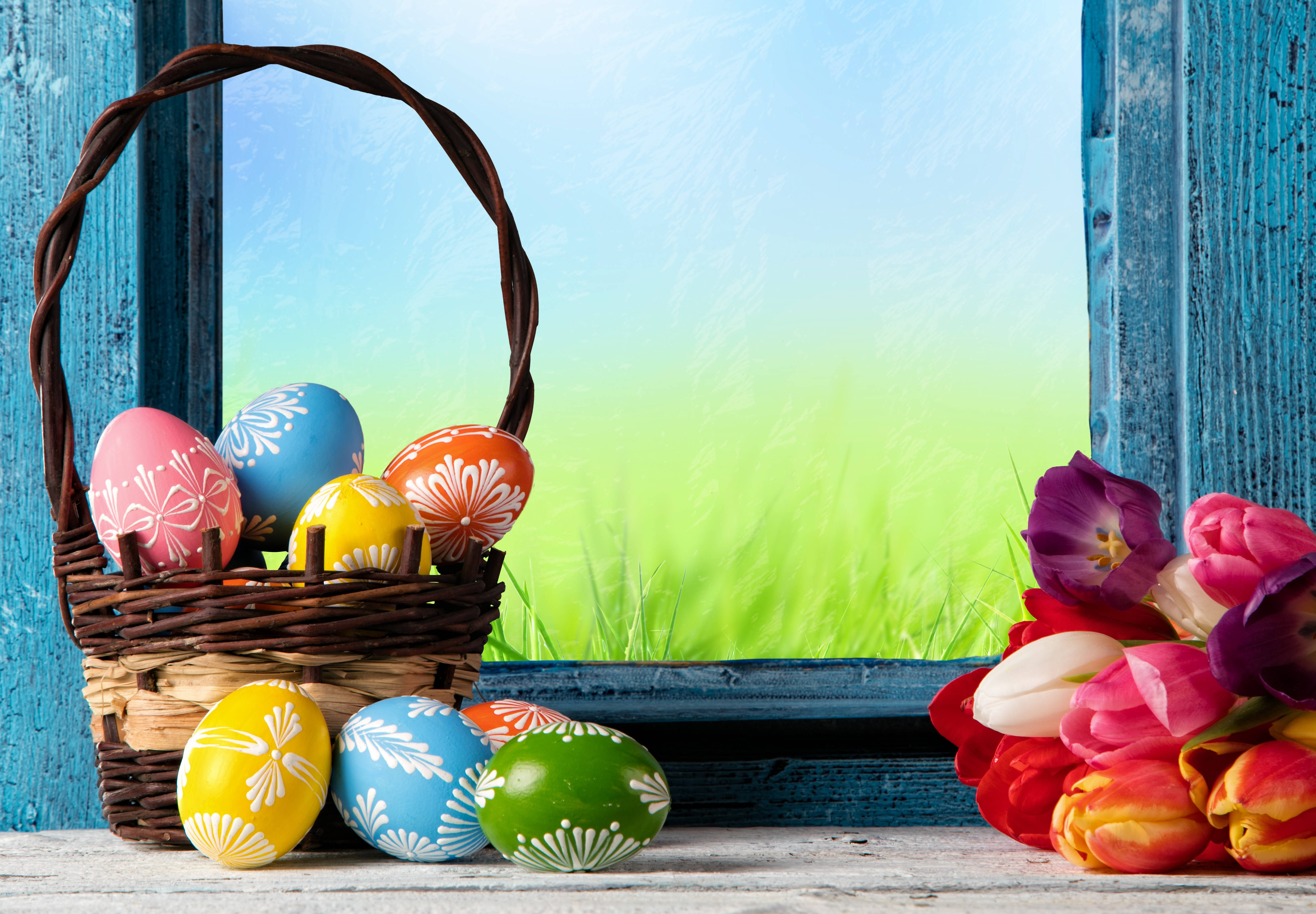 cute easter egg tulips, wicker basket, colorful patterned Easter eggs, 5K Desktop Wallpaper