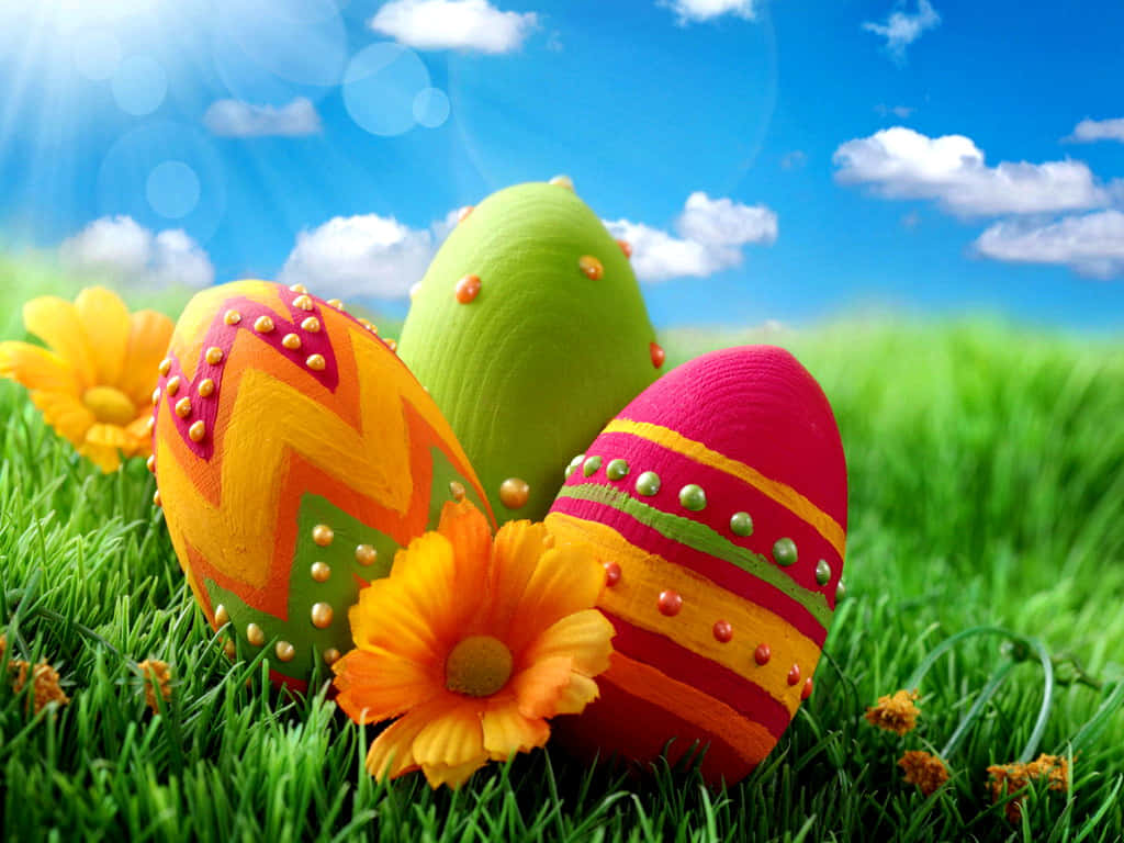 Vibrant hand-painted Easter eggs, metallic studs, lush green grass, SD Desktop Wallpaper