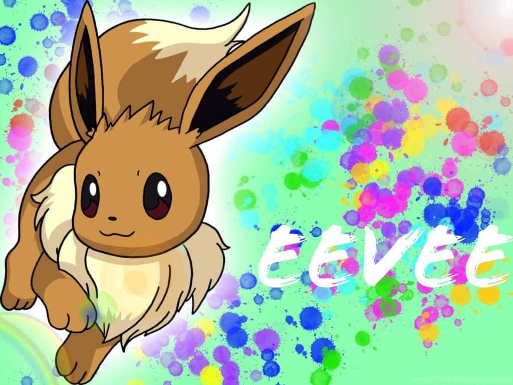 Eevee, vibrant splashy background, bold white letters, SD Desktop Wallpaper