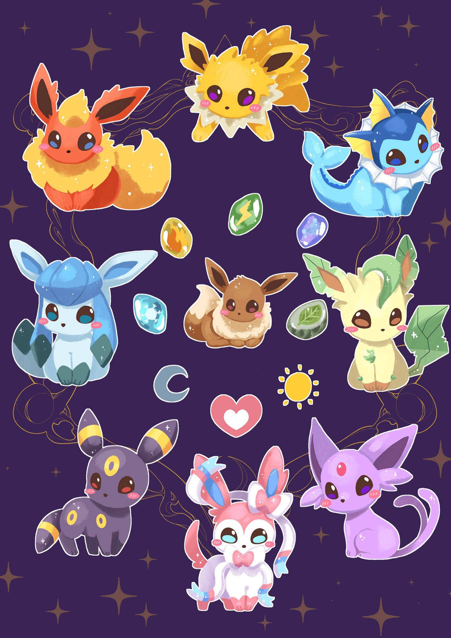 Cute Eeveelutions, Eeveelutions, starry purple sky, Full HD Phone Wallpaper