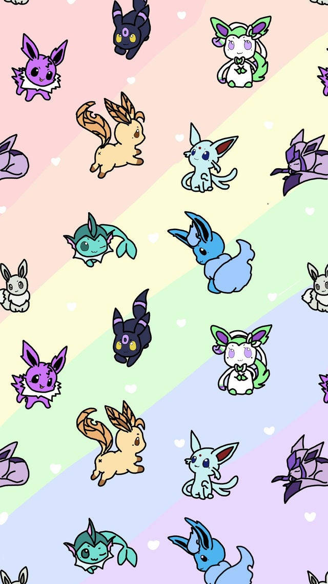 Cute Eeveelutions, pastel rainbow, white hearts, SD Phone Wallpaper
