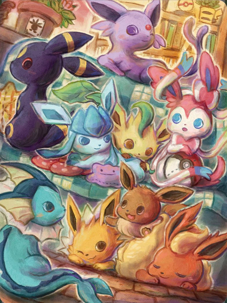 Eeveelutions, plushies, colorful illustration, SD Phone Wallpaper