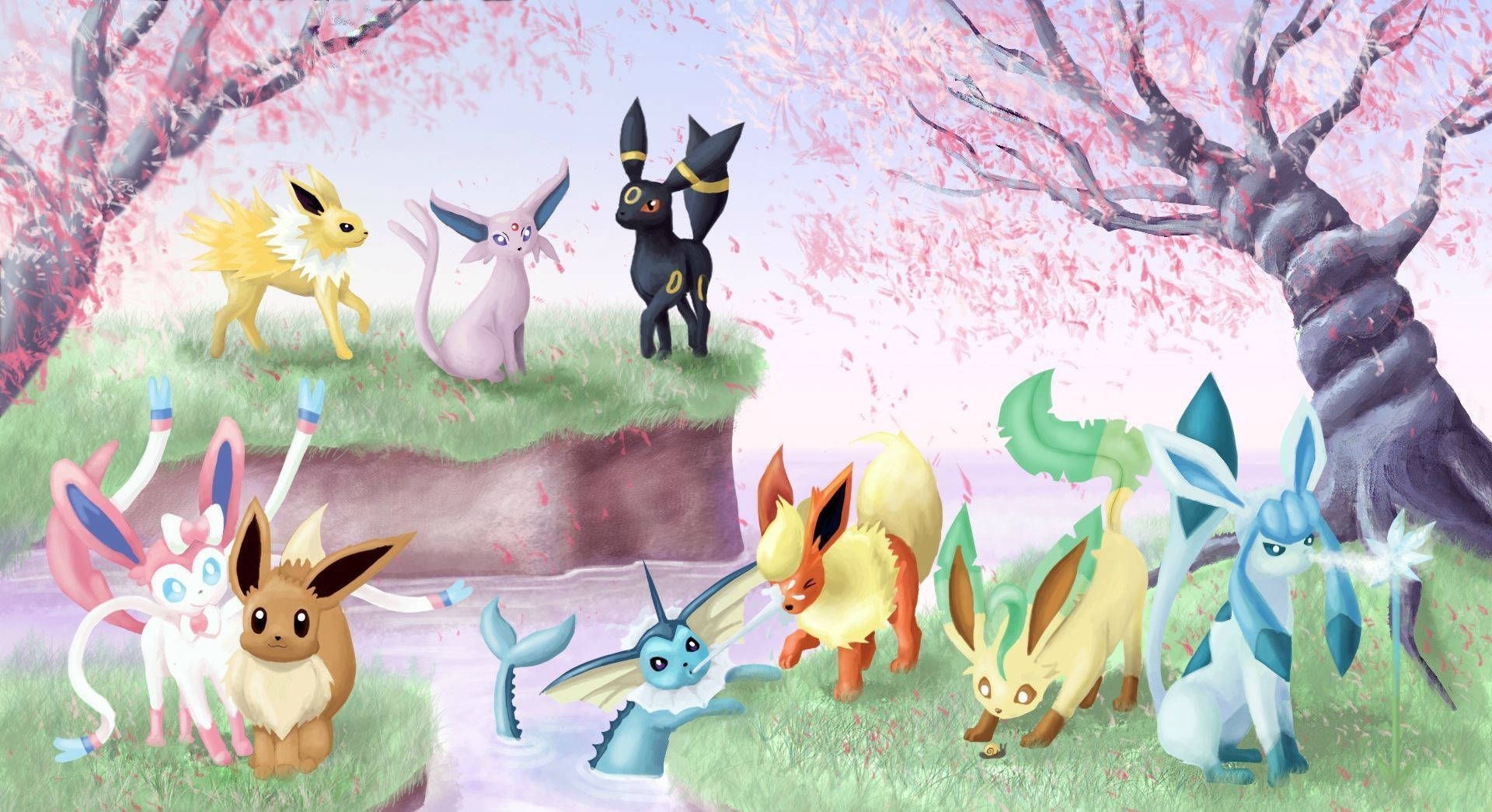 Cute Eeveelutions, anime-style illustration, Eeveelution Pokémon, Full HD Desktop Wallpaper