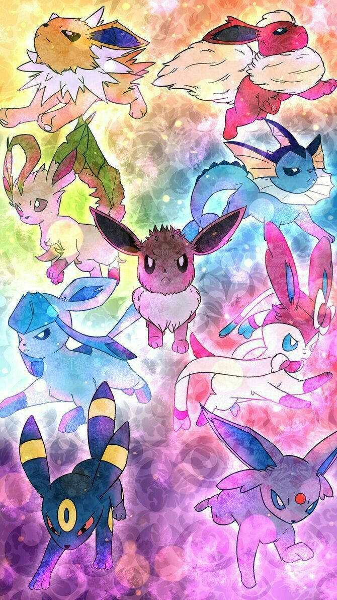 Cute Eeveelutions, Eeveelutions, colorful cosmic background, SD Phone Wallpaper
